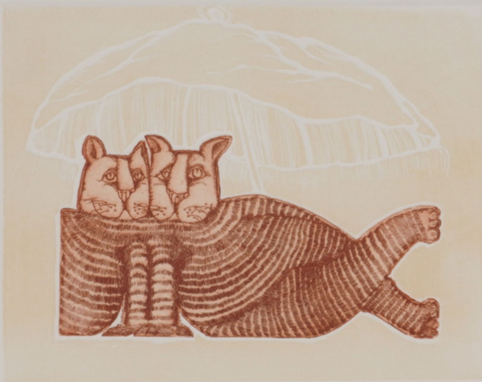 Carol Travers Lummus Etching on Paper Pousse Cafe Signed and Numbered: An artist's proof etching on paper by Carol Travers Lummus, titled 'Pousse Cafe'. The artwork depicts a stylized composition with two striped cats resting against one another under an abstract,