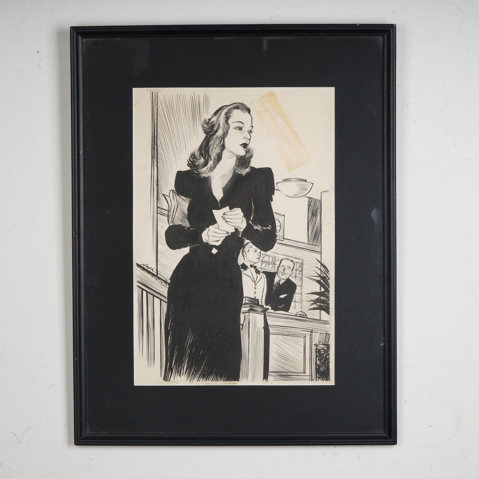 Wayne Hall, Original Ink Drawing on Paper, Elegant Woman at Hotel, Signed: An original ink drawing by Wayne Hall, brimming with narrative tension and mid-century glamour. At the center stands an elegantly dressed woman in a tailored black dress, holding a note as she pauses