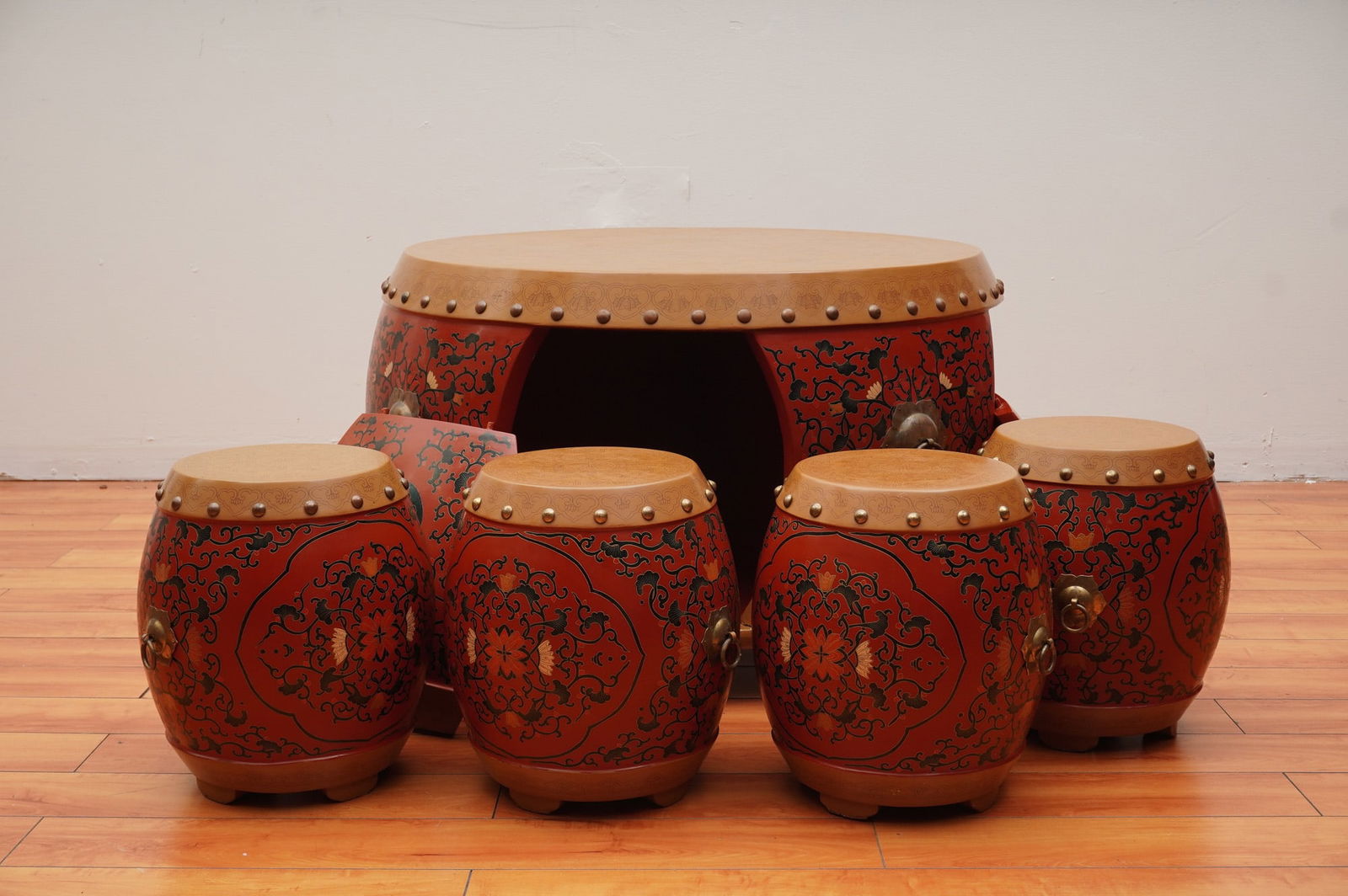 5pc Oriental Red Coromandel Drum Coffee Table with Stools (1 of 5)