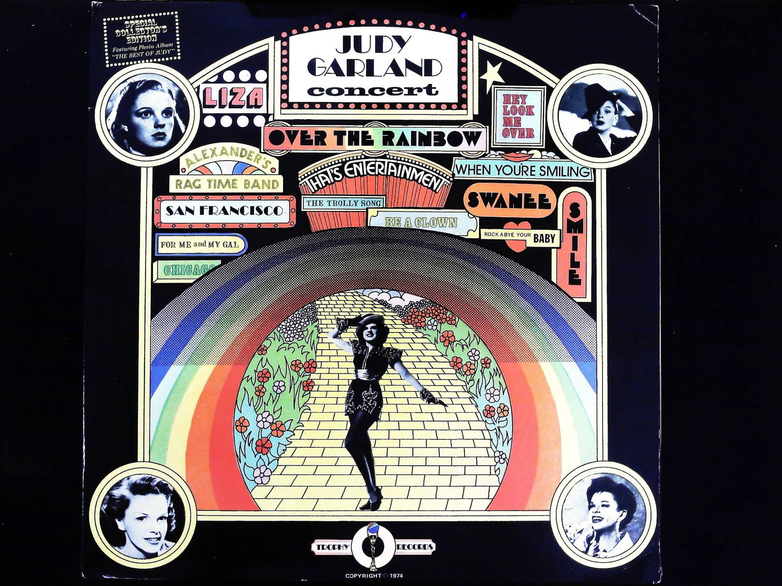 Judy Garland. Concert. Trophy Records, 1974: Judy Garland. Judy Garland Concert. New York: Trophy Records, 1974. Original 1974 pressing. Two 12-inch black vinyl long-playing records (LPs) housed in a single black cardboard jacket (Trophy