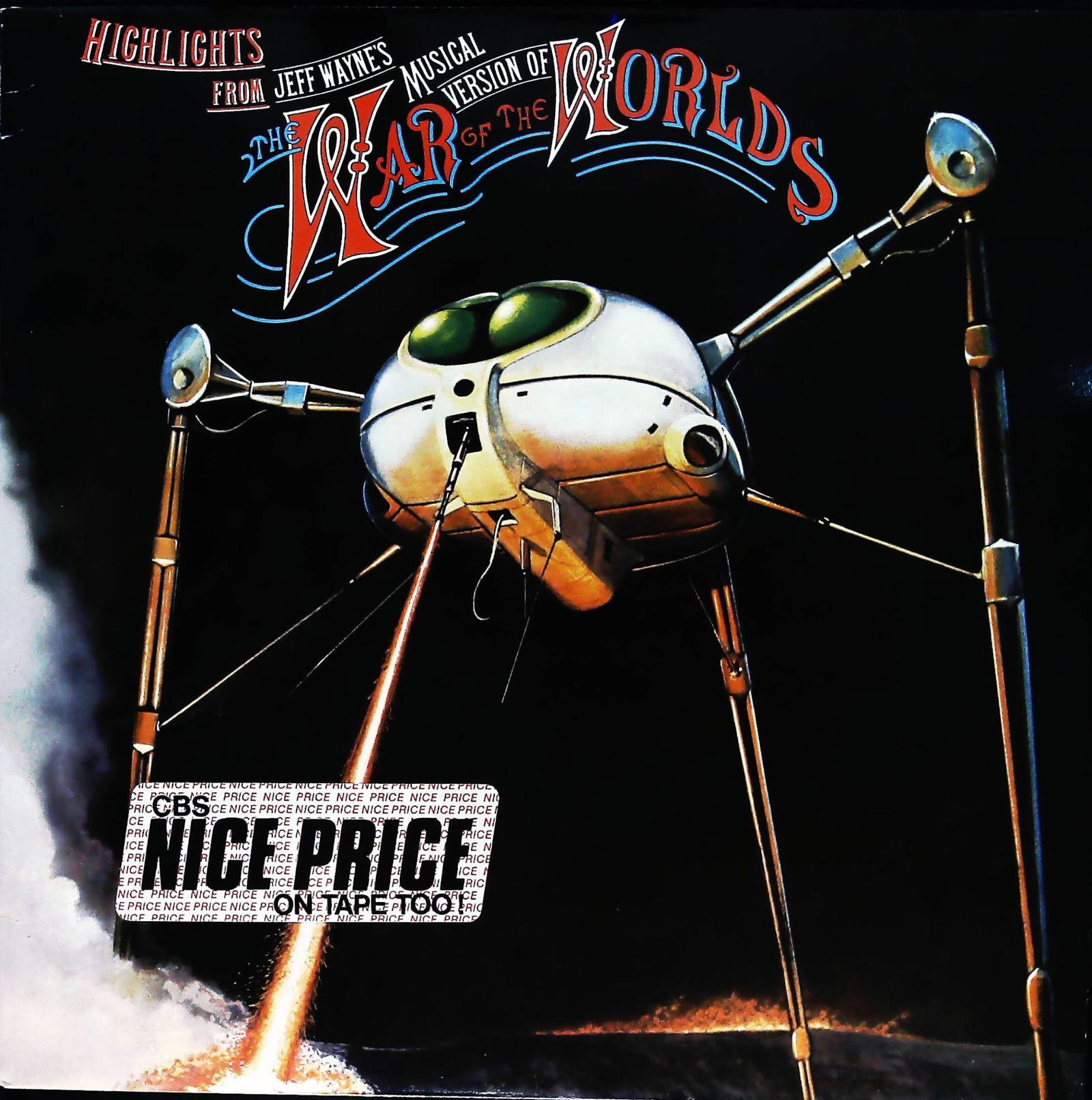 War of the Worlds - Jeff Wayne Highlights LP Album Sleeve: This item is a printed cardboard sleeve for the vinyl record album "HIGHLIGHTS FROM JEFF WAYNE'S MUSICAL VERSION OF THE WAR OF THE WORLDS." The front cover features a dynamic illustration of a