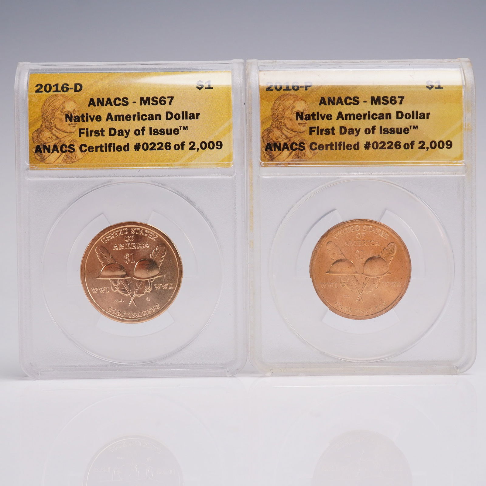 2pc 2016-P & 2016-D Native American Dollar Coins ANACS Graded MS 67: A solemnly commemorative pair of 2016 Native American one-dollar coins, certified Mint State 67 by ANACS and designated "First Day of Issue". Issued by the Philadelphia and Denver Mints, these coins p