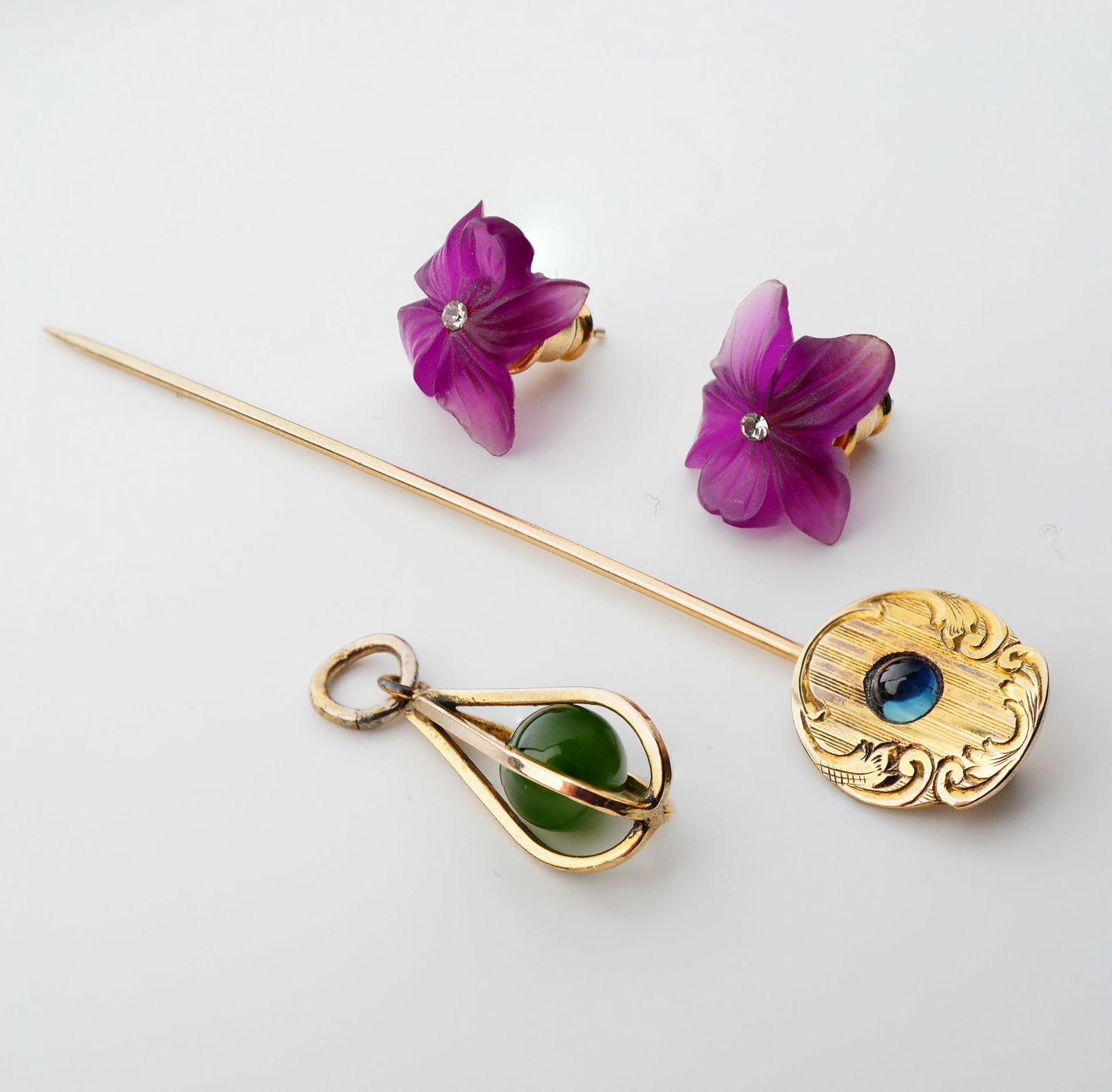 4pc 14K Gold Stickpin w/ Topaz, Pair of Earrings, and Tourmaline Pendant (1 of 4)
