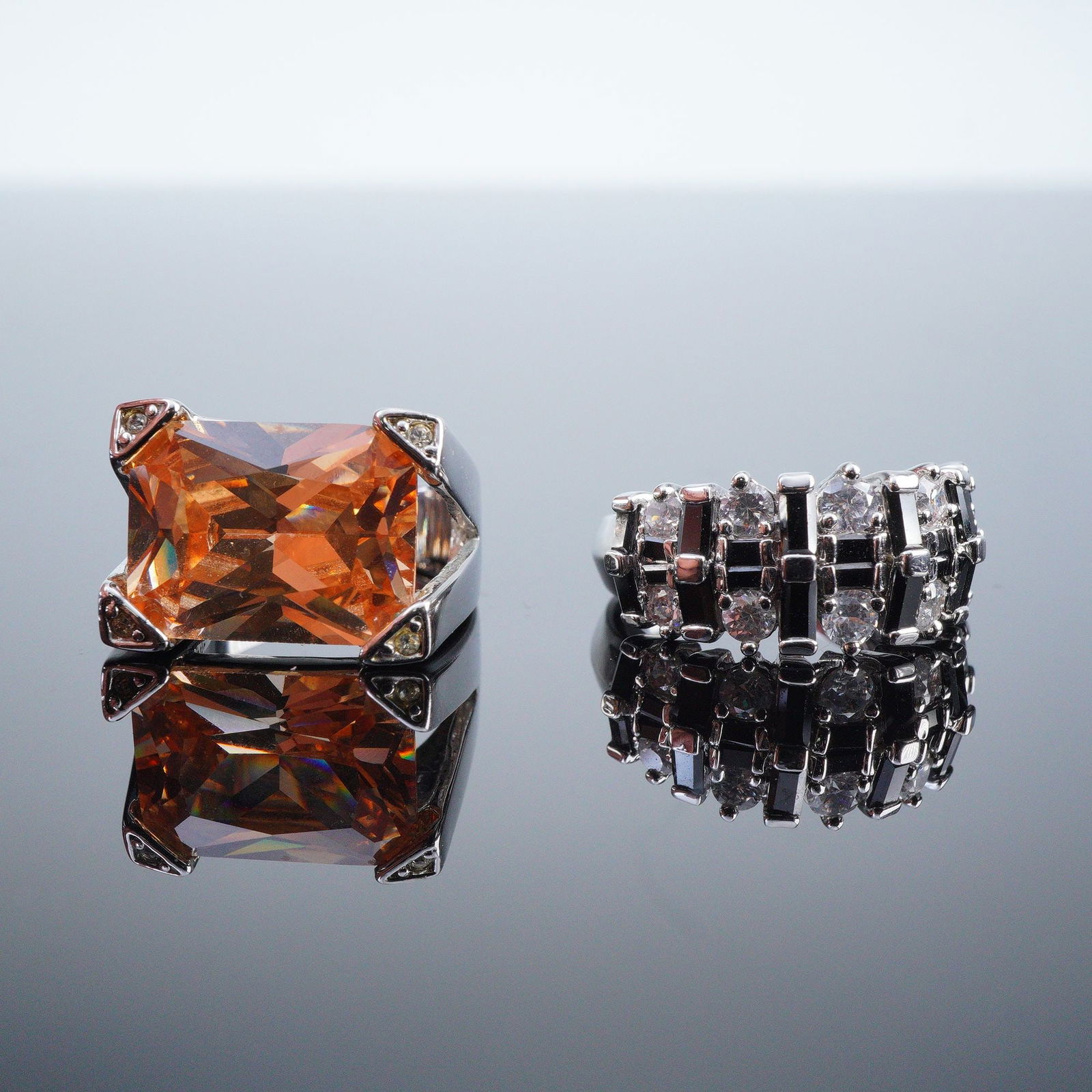 2pc Contemporary Rings Pink Champagne Citrine and Black Clear Stones (1 of 5)