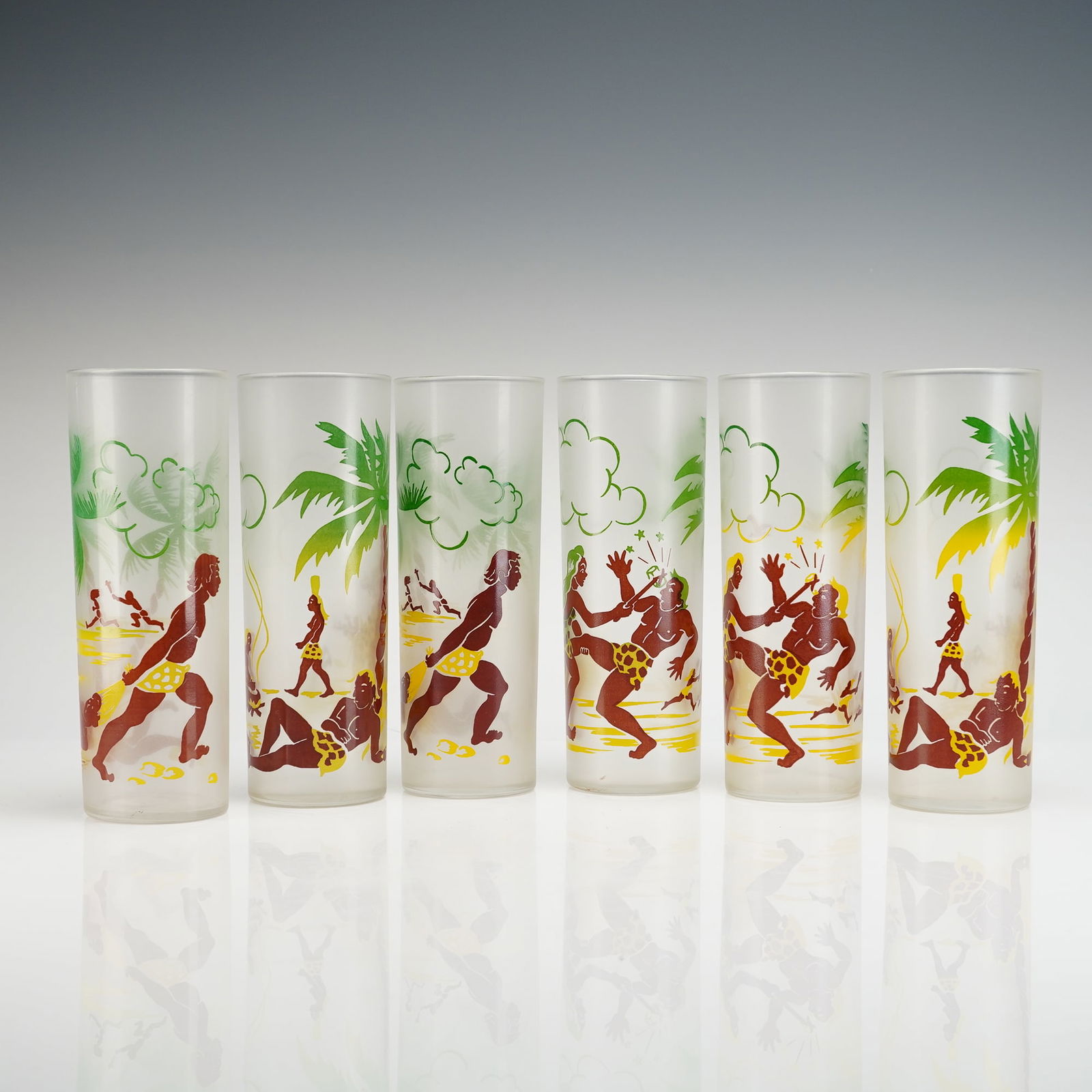 6pc Federal Glass Co. Caveman Tom Collins Glasses: This is a collection of six vintage highball glasses by Federal Glass Co., in the "Caveman" pattern. The cylindrical glasses are constructed of clear glass featuring a frosted or satin finish backgrou
