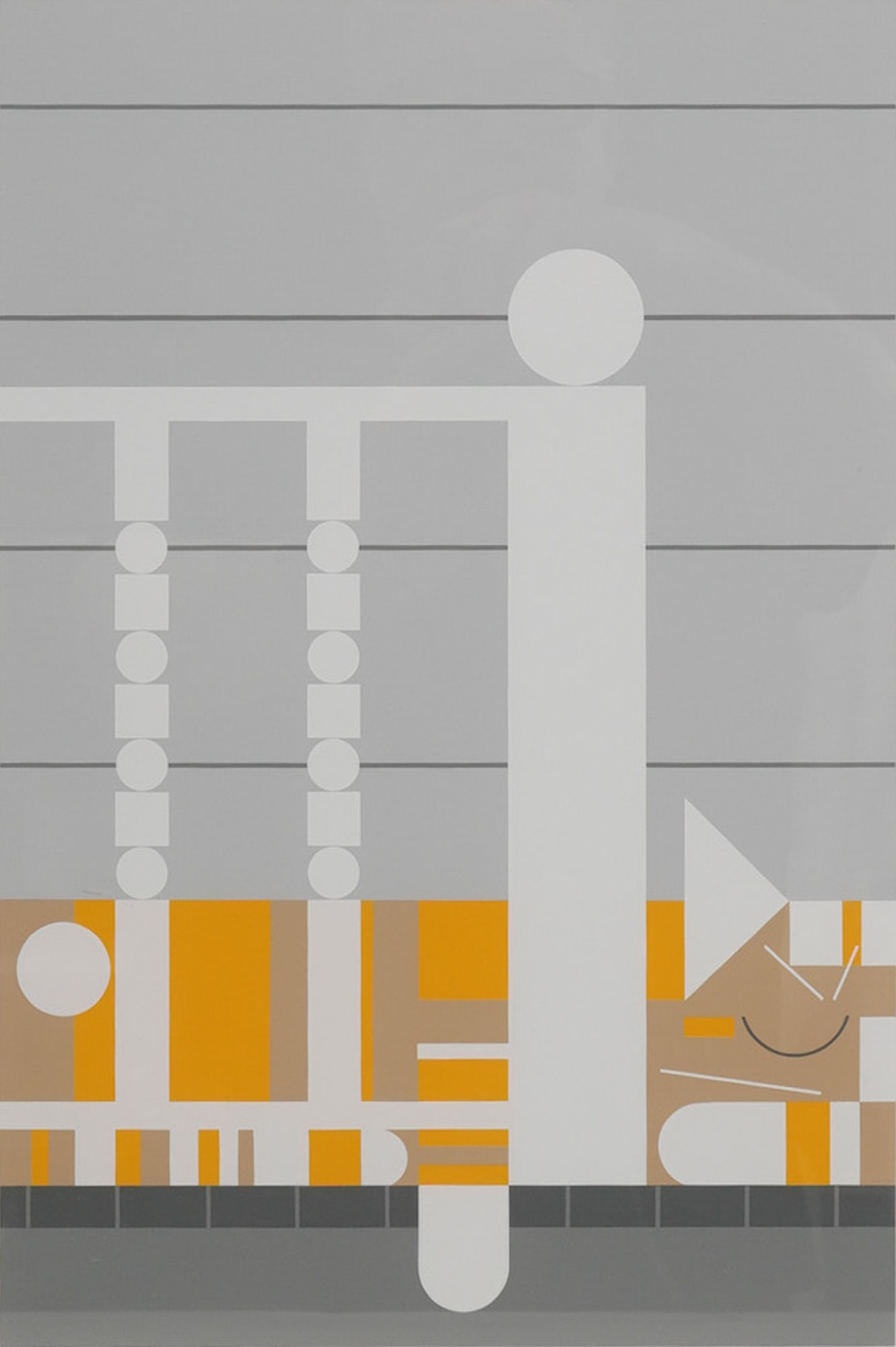 Edie Harper Serigraph on Paper Summer Watch Signed and Numbered: A serigraph on paper by Edie Harper titled "Summer Watch," created in 1982. The artwork depicts an abstract and geometric composition that includes a reclining cat by the railing of a porch, rendered