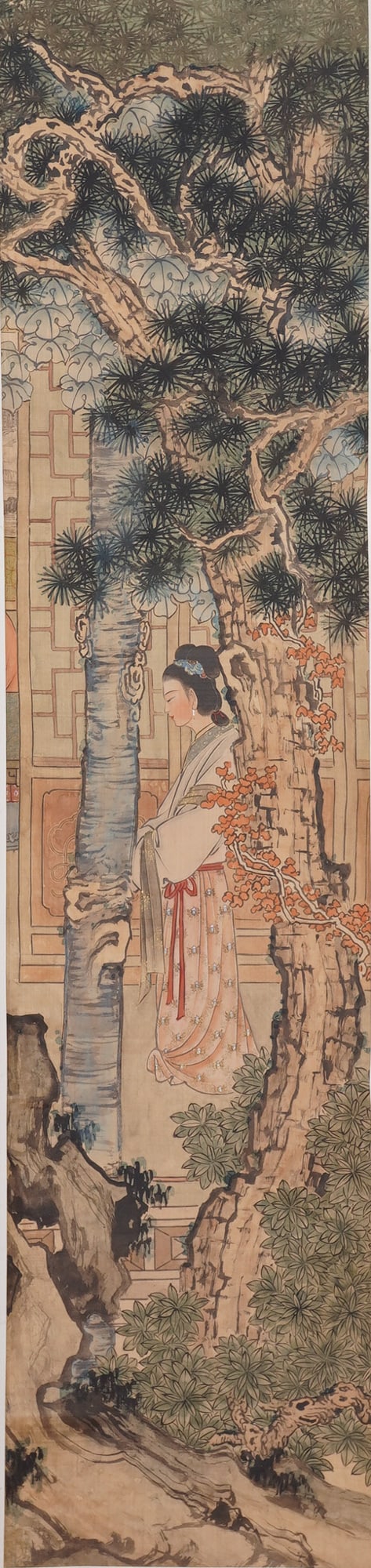 Chinese Ink, Watercolor, and Gold Accents on Paper Hanging Scroll: A Chinese hanging scroll painted in ink, watercolor, and delicate gold-color accents on paper, portraying a refined court lady standing gracefully beside a gnarled pine tree and blossoming branches. T