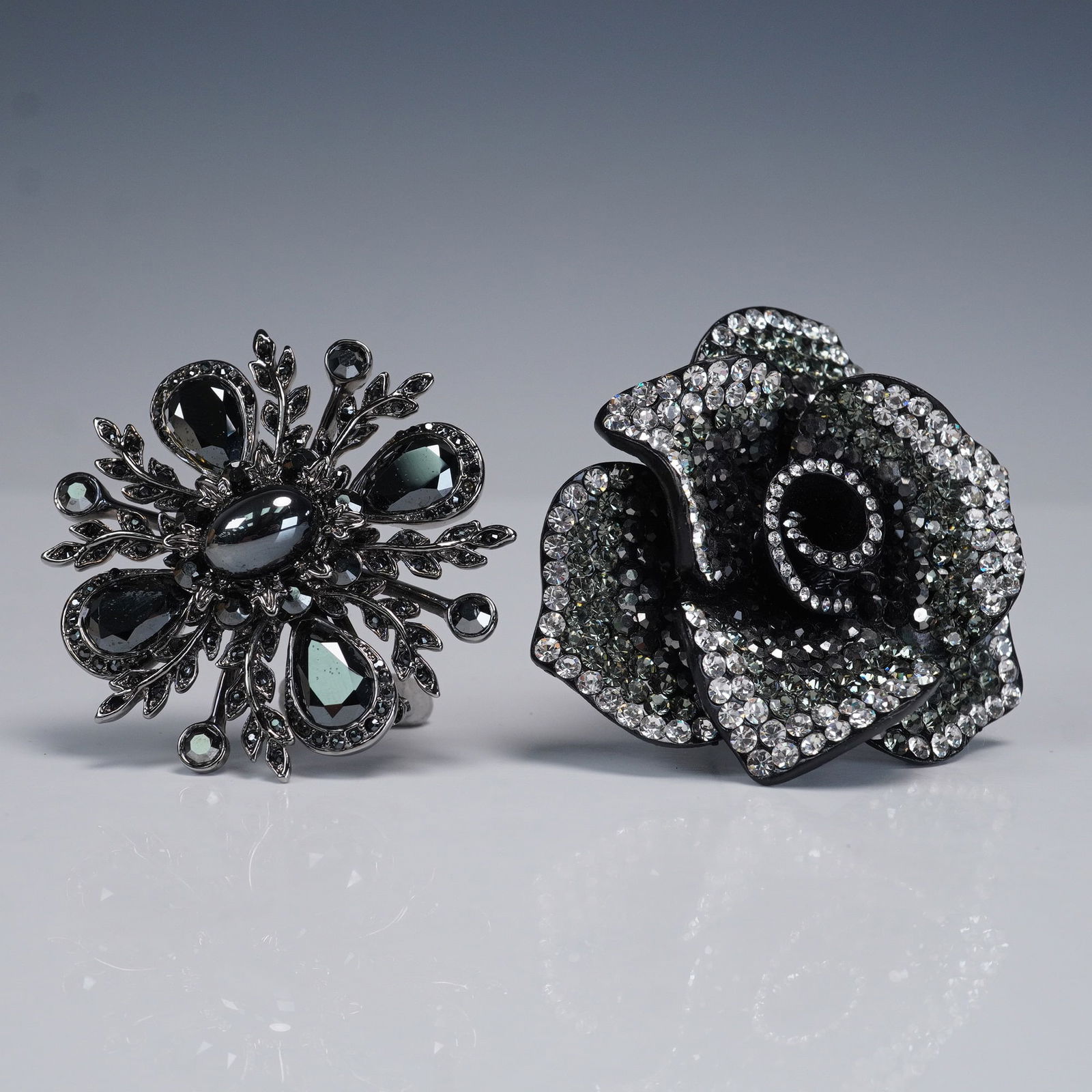 Pair of Glamorous Jet Black & Crystal Costume Brooches Rose & Floral Motif (1 of 9)