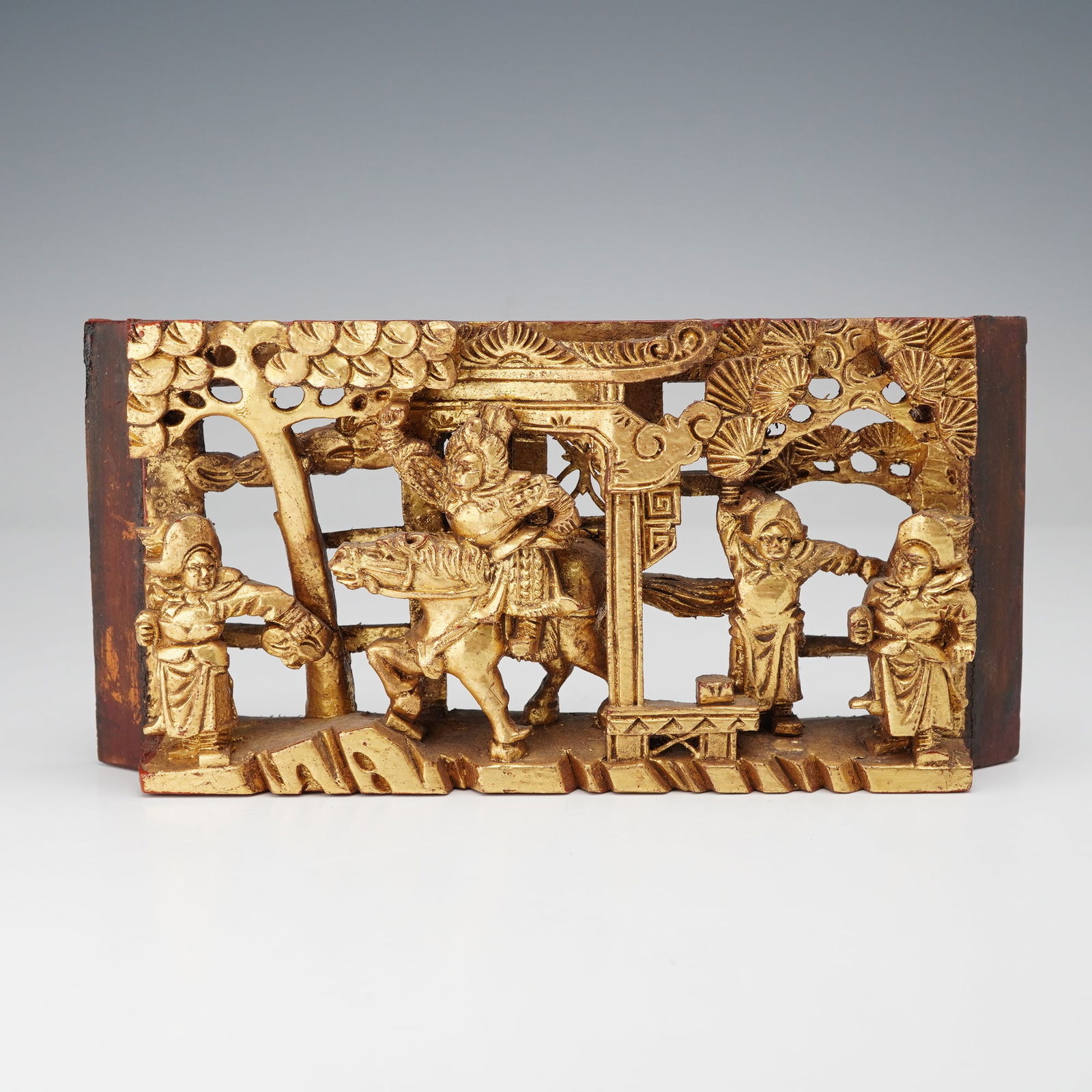 Chinese Gilt Wood Carved Horseman and Figures Panel (1 of 4)