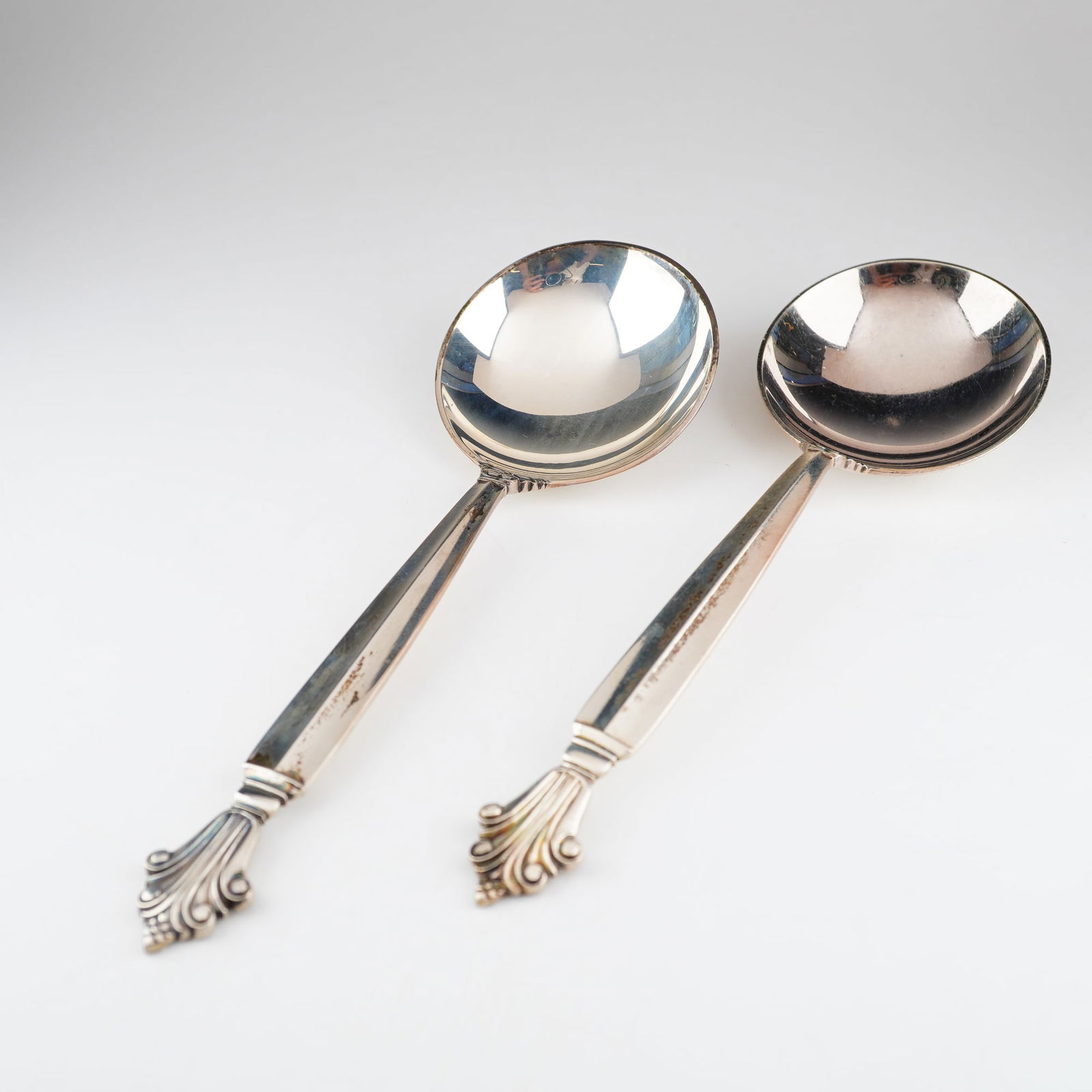 2pc Georg Jensen Sterling Silver Round Bouillon Soup Spoons, Acanthus (1 of 4)