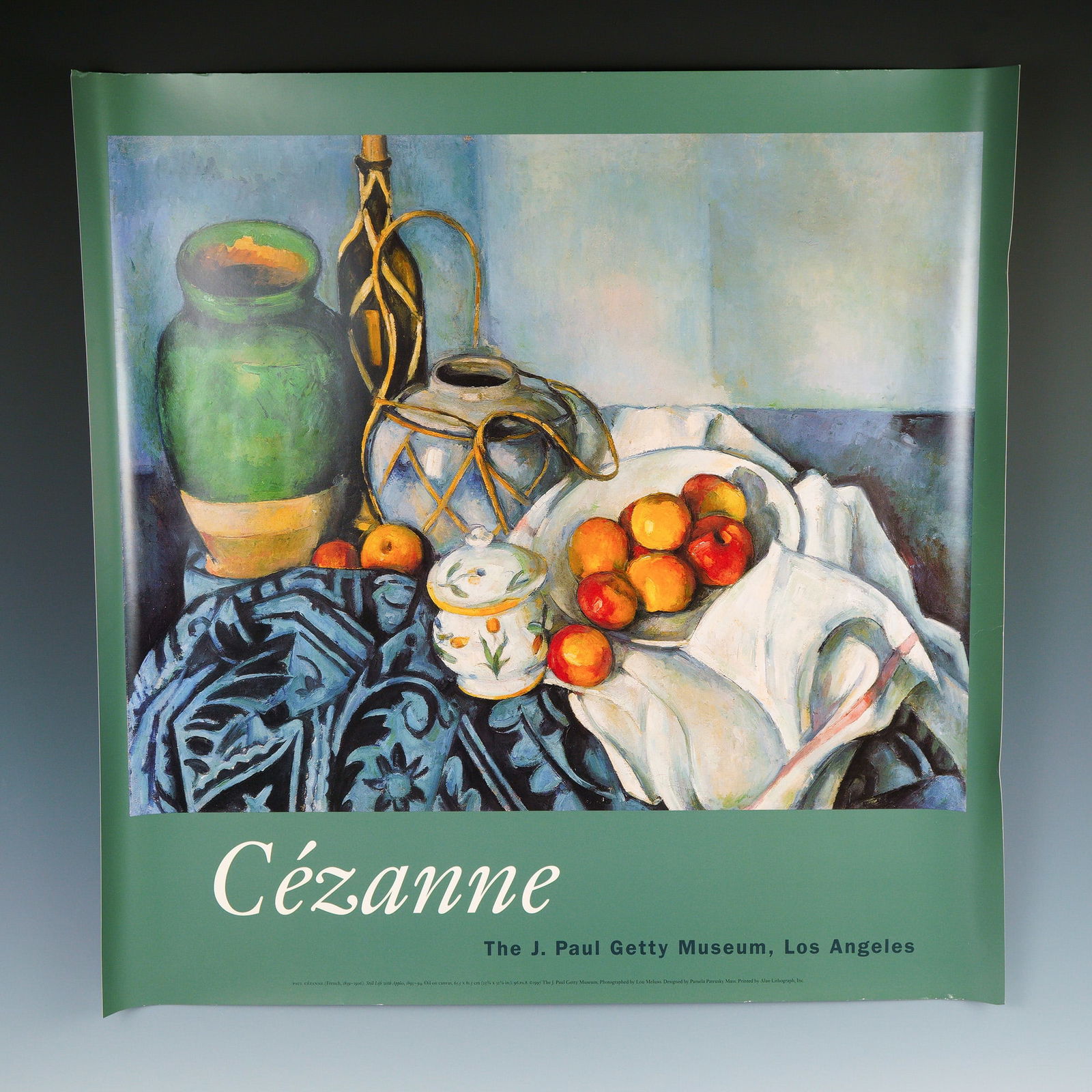 Paul Cezanne Exhibition Poster The J. Paul Getty Museum: Vibrant and evocative, this original exhibition poster features one of the most iconic works by French Post-Impressionist master Paul Cezanne, Still Life with Apples, painted between 1893-1894. Reprod