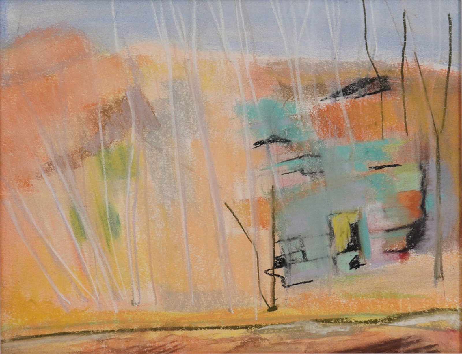 Contemporary Abstract Pastel on Paper Artwork: A contemporary abstract artwork executed in pastel on paper. The composition features a vibrant palette of warm orange and yellow tones contrasting with cooler teal, grey, and green areas, accented by