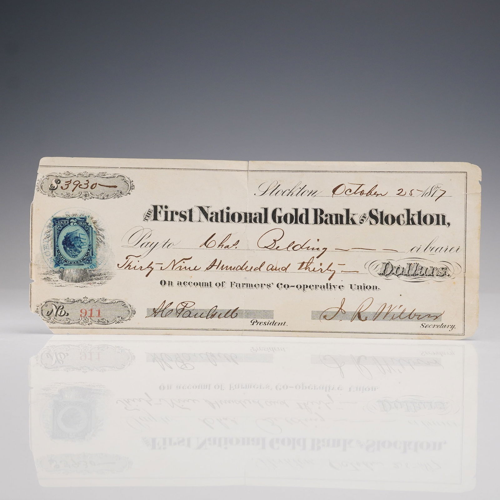 1877 First National Gold Bank of Stockton Check (1 of 4)