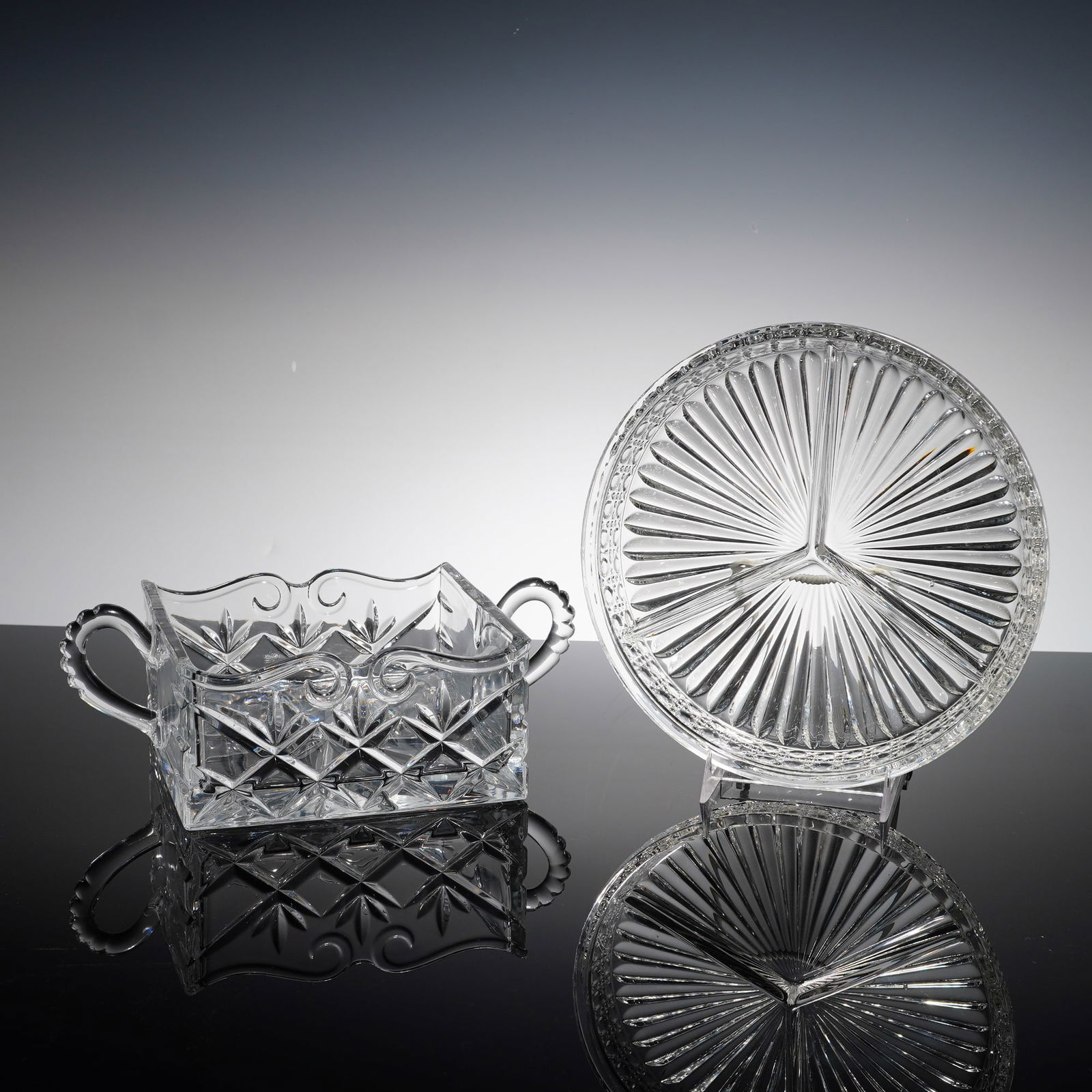 2pc Godinger Crystal Caddy Bowl and Divided Crystal Tray (1 of 3)