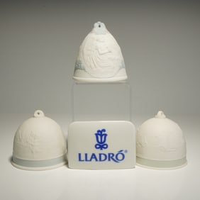 4pc Lladro Porcelain Christmas Bell Ornaments and Plaque