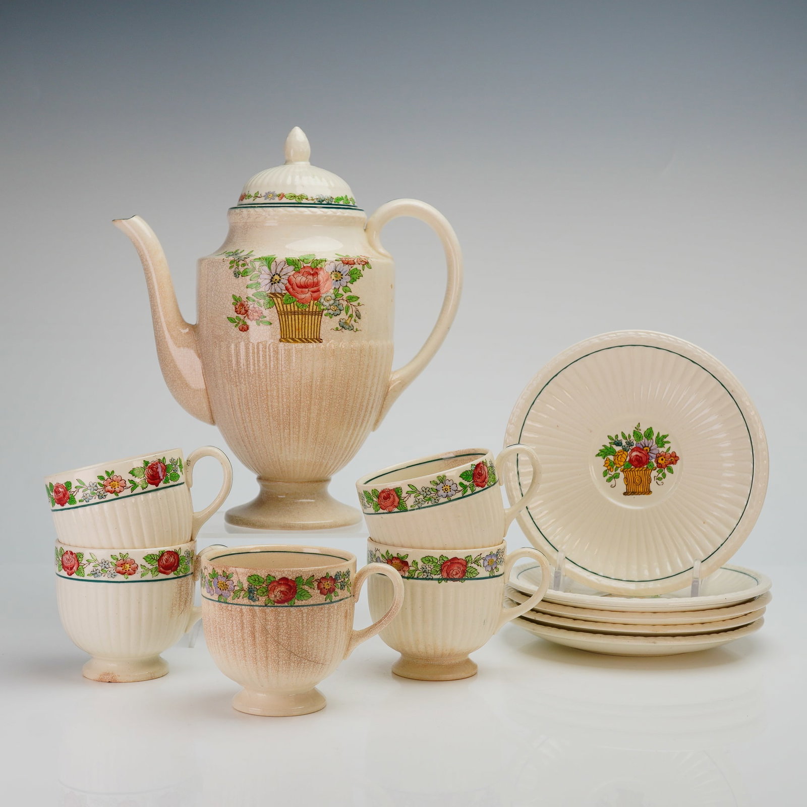 11pc Wedgwood Etruria Tea Pot, Cups & Saucers, Service for 5 - Belmar (1 of 5)