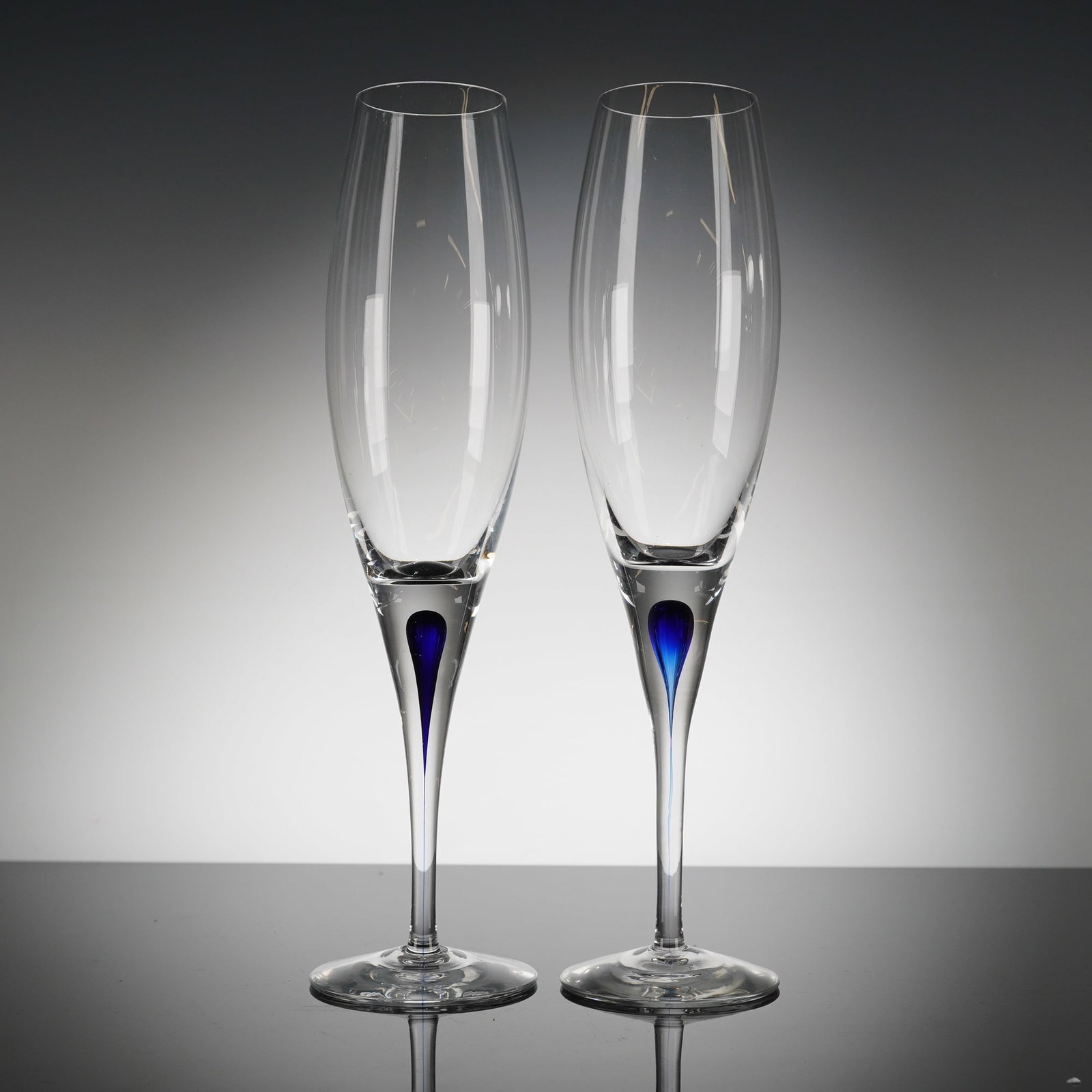 A Pair of Orrefors Intermezzo Blue Crystal Champagne Flutes (1 of 3)
