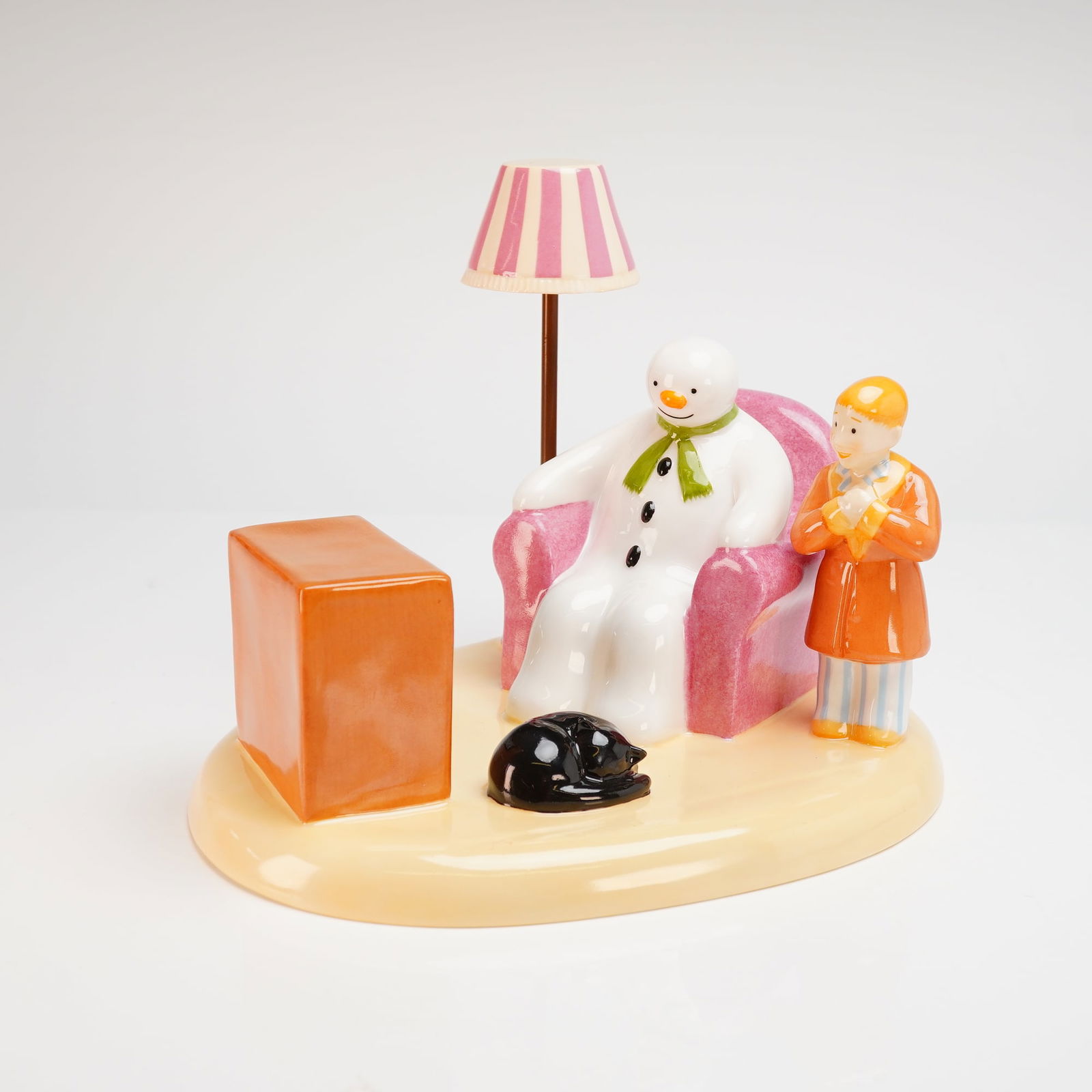 Coalport Characters Limited Edition Bone China Figurine, A Cold Night In: This Coalport Characters limited edition bone china figurine, titled A Cold Night In, is part of The Snowman collection. The hand-painted scene depicts the Snowman seated in a pink armchair next to a
