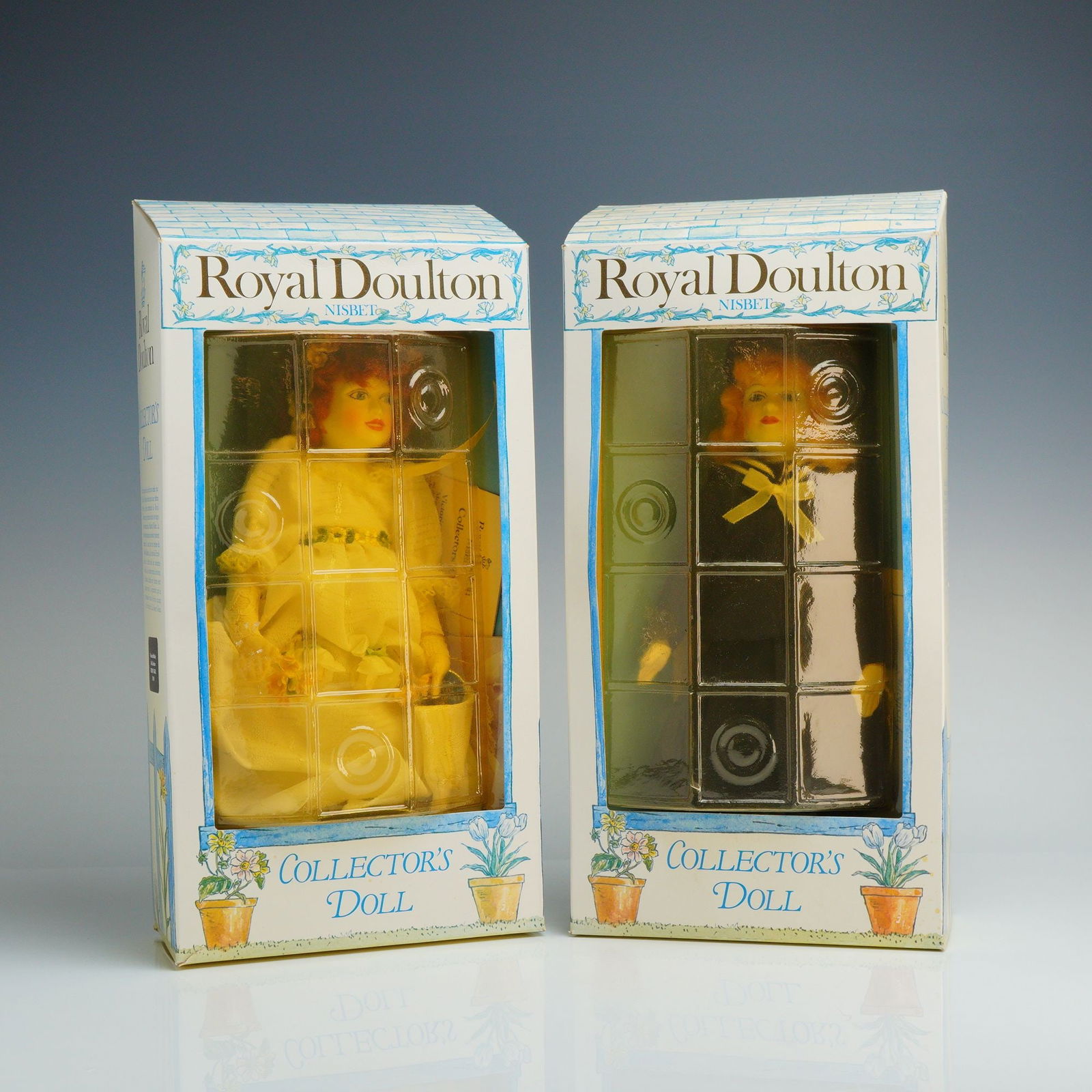 Two Royal Doulton Nisbet Collector's Dolls, DN8 and DN10: This lot consists of a pair of Royal Doulton Nisbet collector's dolls, featuring Thursday's Girl DN8 and Friday's Girl DN10. These dolls were produced as a collaboration between Royal Doulton and the