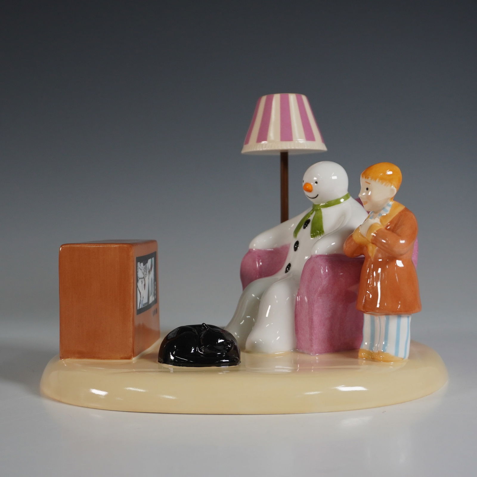 Coalport The Snowman "A Cold Night In" Figurine: A limited edition porcelain figurine from The Snowman series, titled "A Cold Night In." This charming vignette captures the Snowman and a young boy watching television together, accompanied by a cozy