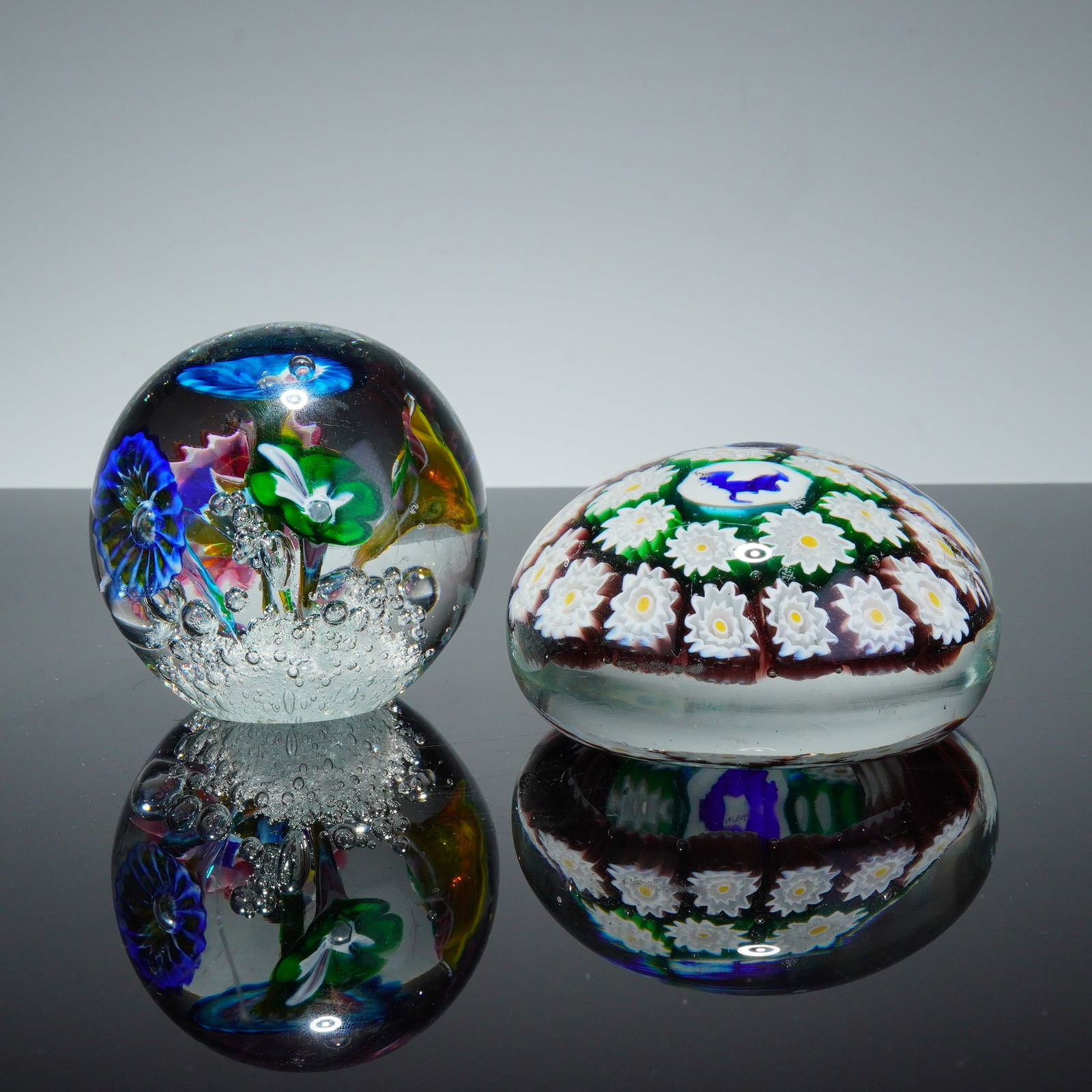 2pc Italian Millefiori Rooster & Floral Art Glass Paperweights (1 of 4)