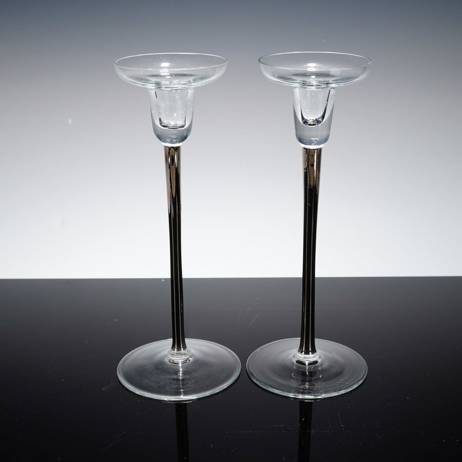 Pair of Clear and Black Stem Minimalist Crystal Candlesticks (1 of 3)