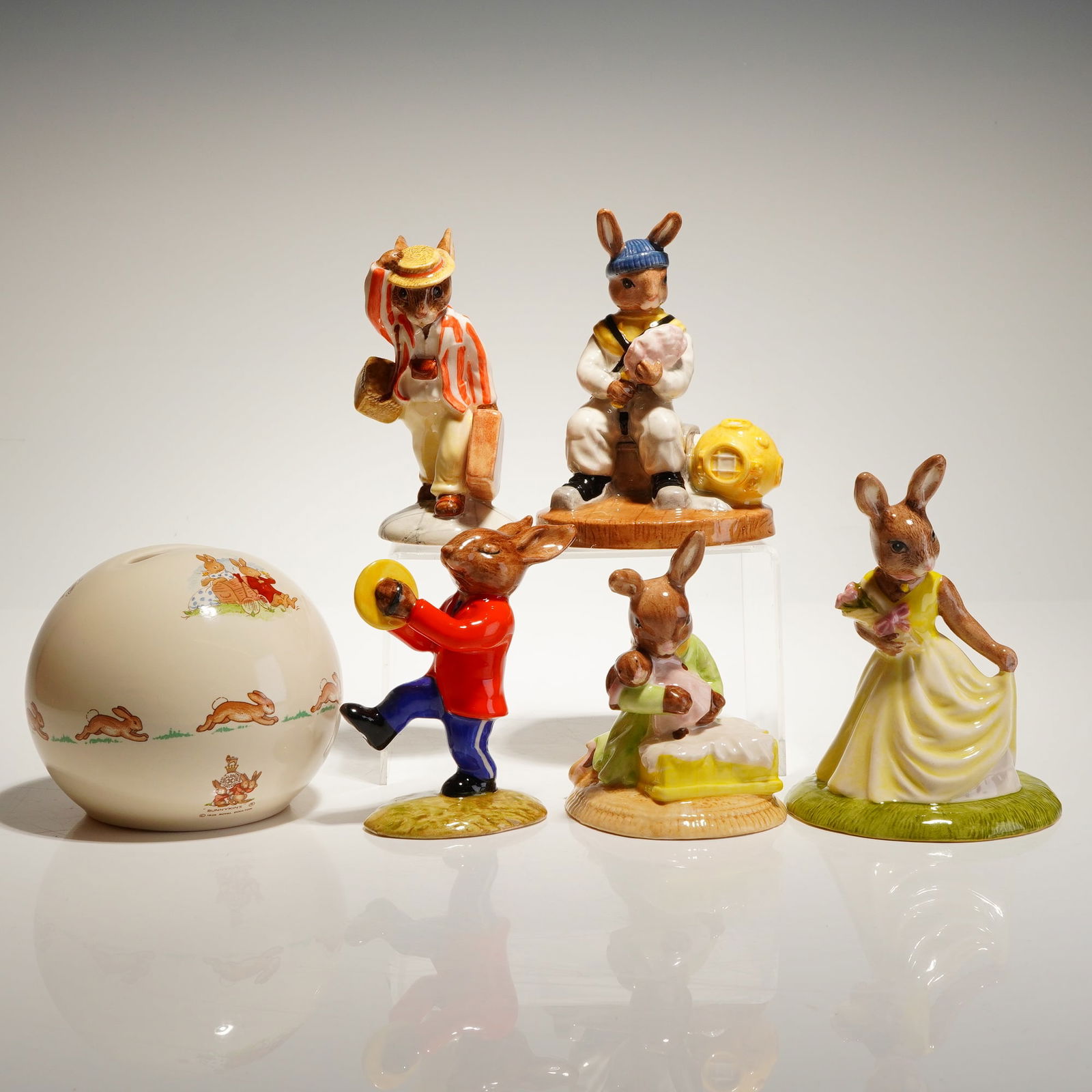 A Collection of Six Royal Doulton Bunnykins Figurines and Money Box (1 of 3)