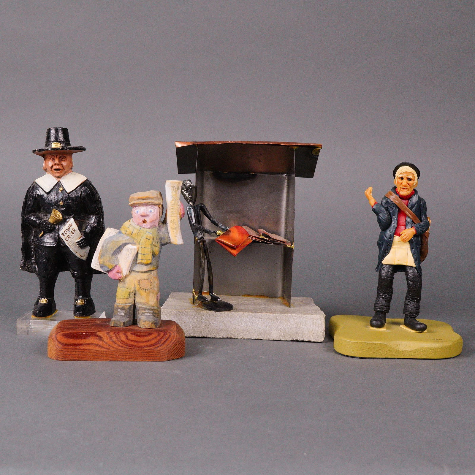 4 Folk Art Figurines & Metal Newspaper Stand on Stone Base (1 of 6)