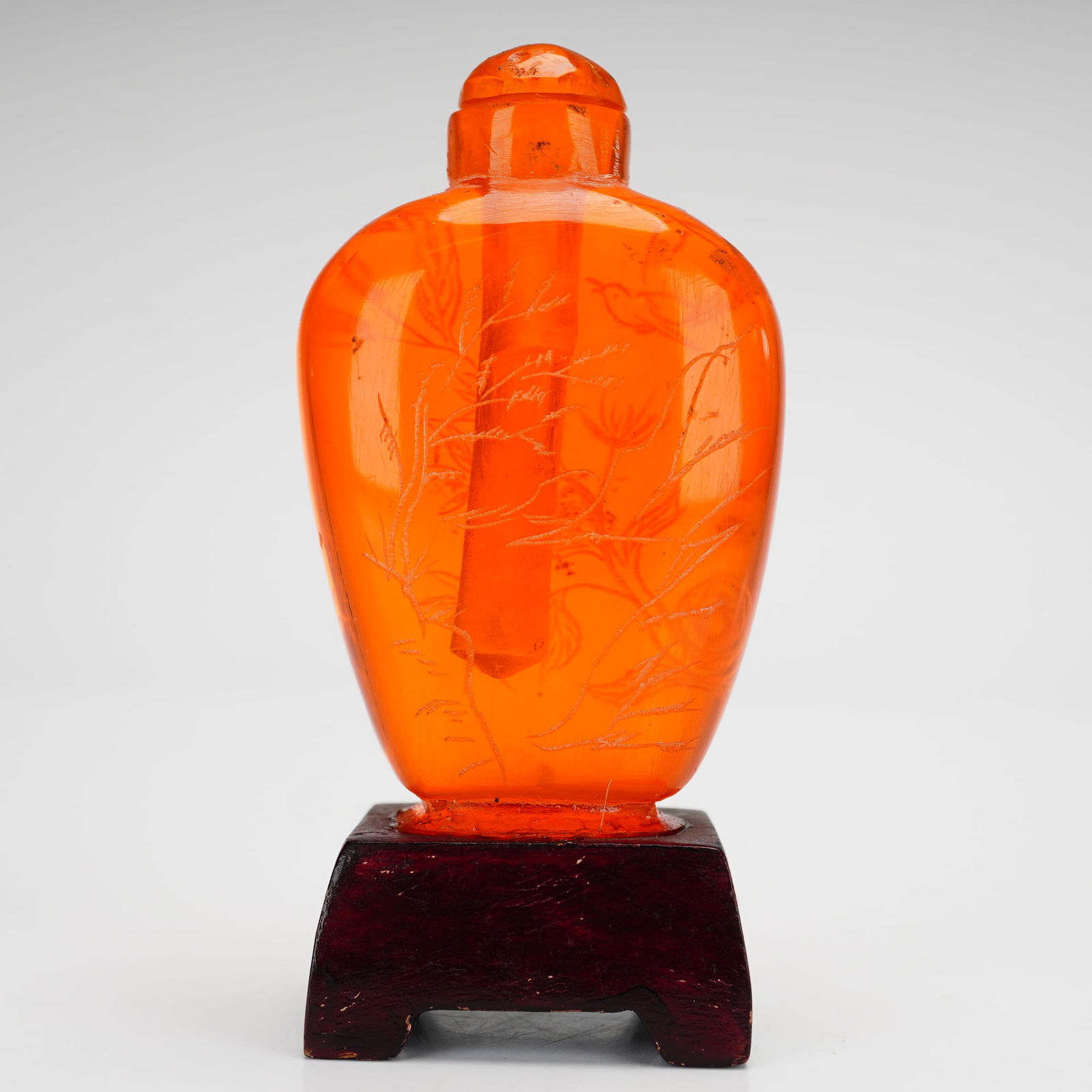 Etched Amber Bird and Botanical Motif Snuff Bottle (1 of 4)