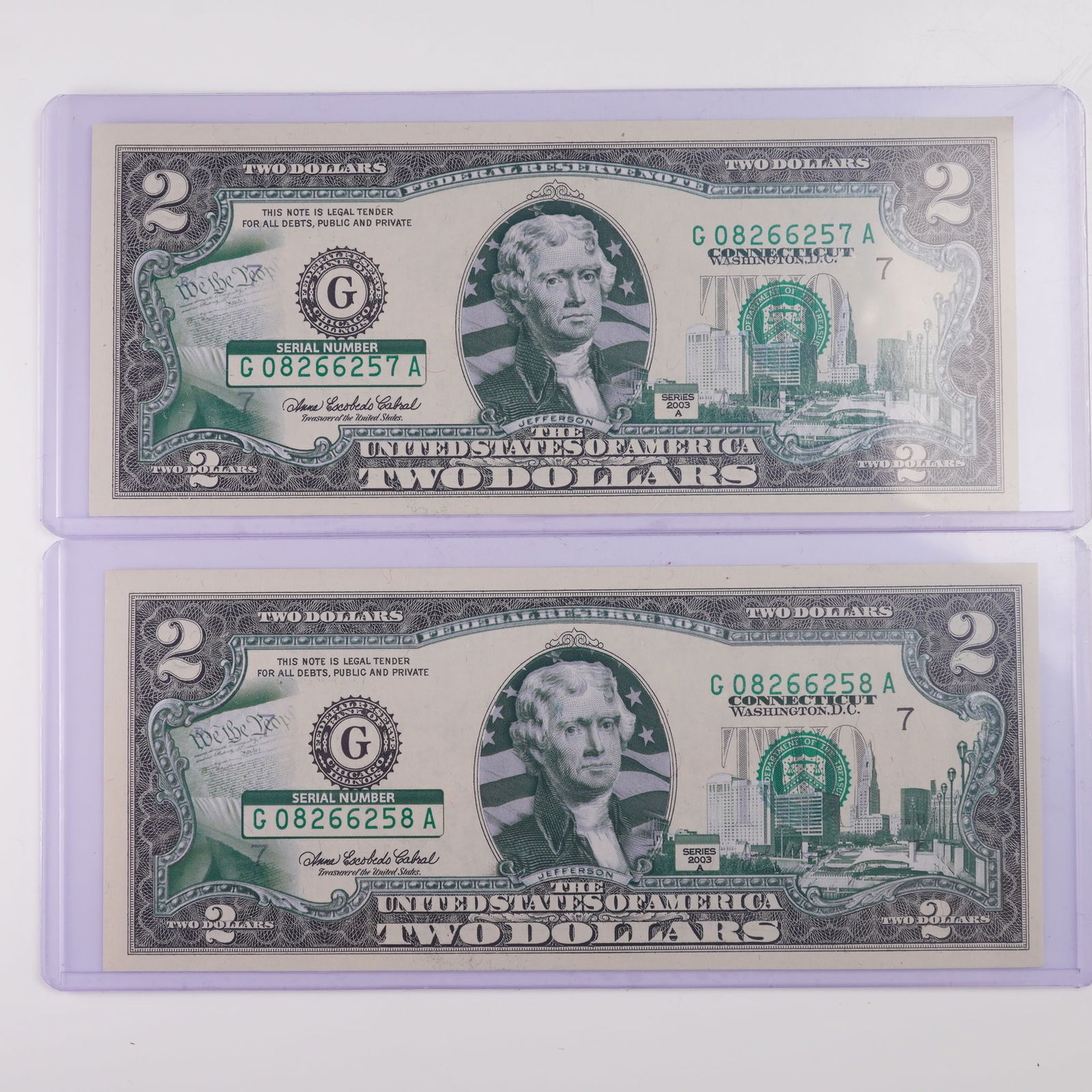 2pc 2003 United States Aftermarket Colorized $2 Federal Reserve Notes (1 of 4)