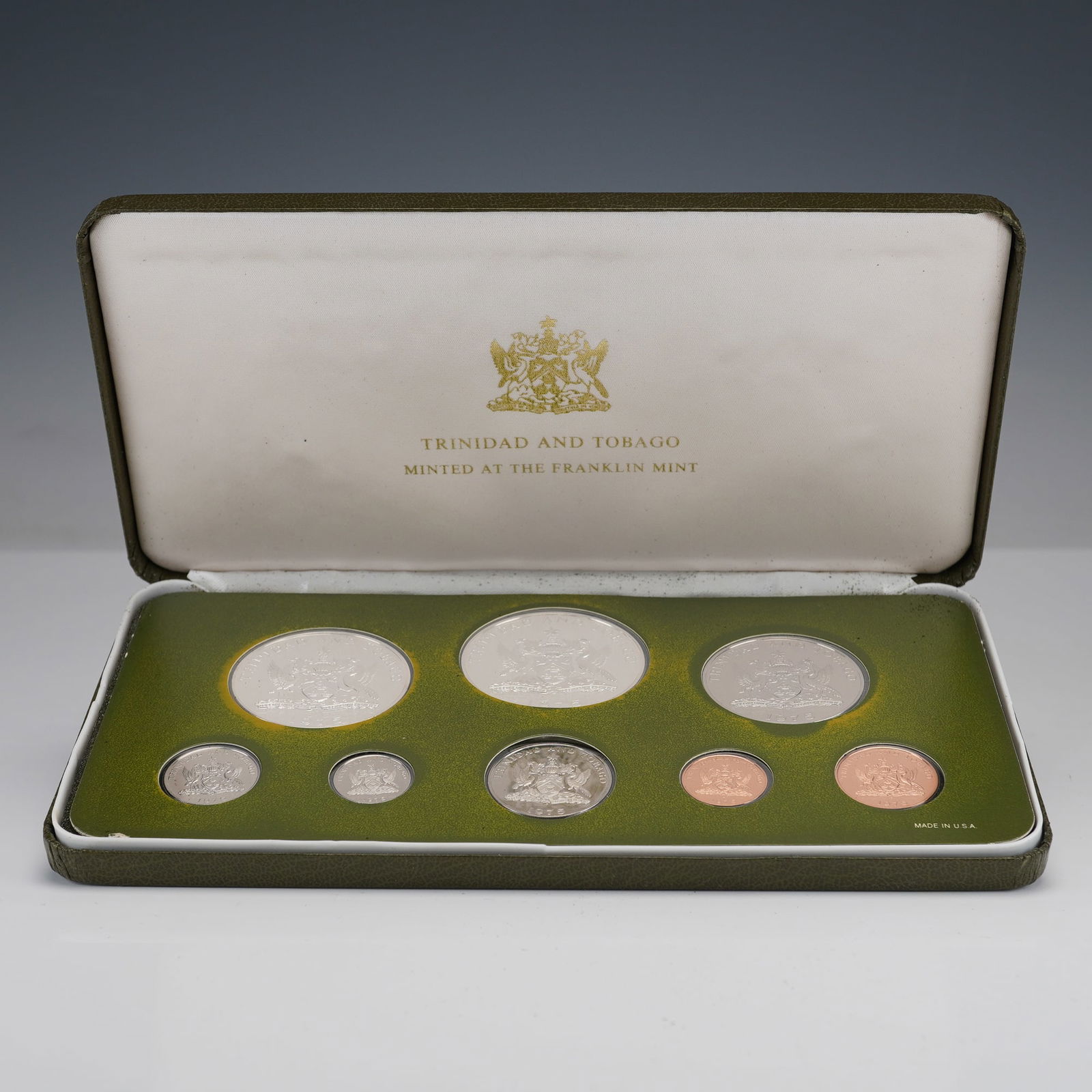 1975 Franklin Mint Silver Proof Coin Set - Trinidad and Tobago: A 1975 eight-coin proof set issued for the Republic of Trinidad and Tobago, minted by the Franklin Mint under the authorization of the Government of Trinidad and Tobago. The set features