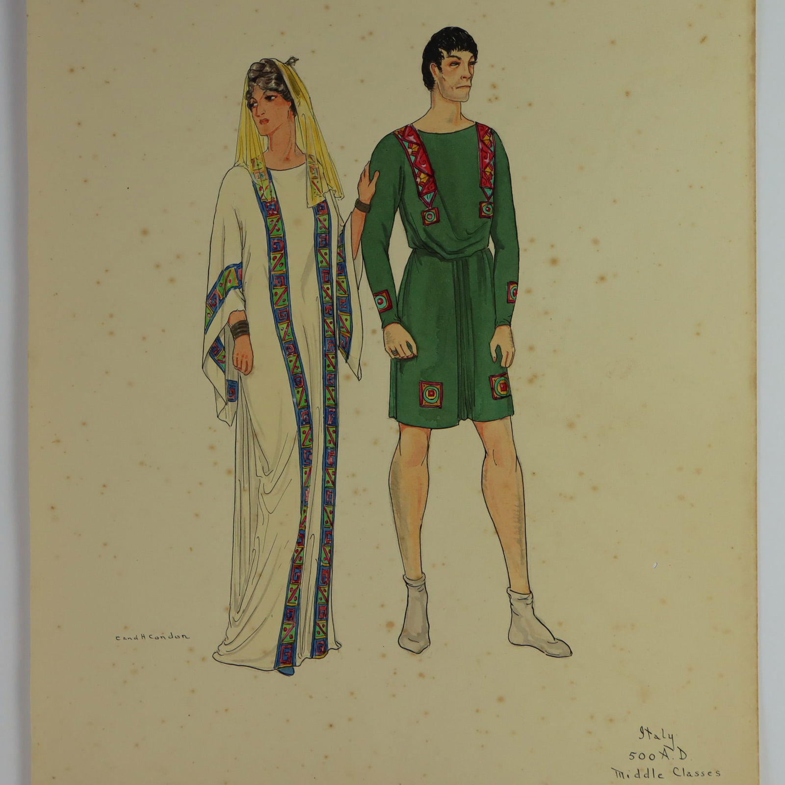 H. & C. Condon, 2pc Costume Design Watercolors & Ink on Paper, Signed: This finely executed pair of original costume design illustrations by H. & C. Condon captures the evolution of Italian dress across a millennium, contrasting the attire of the middle and lower classes