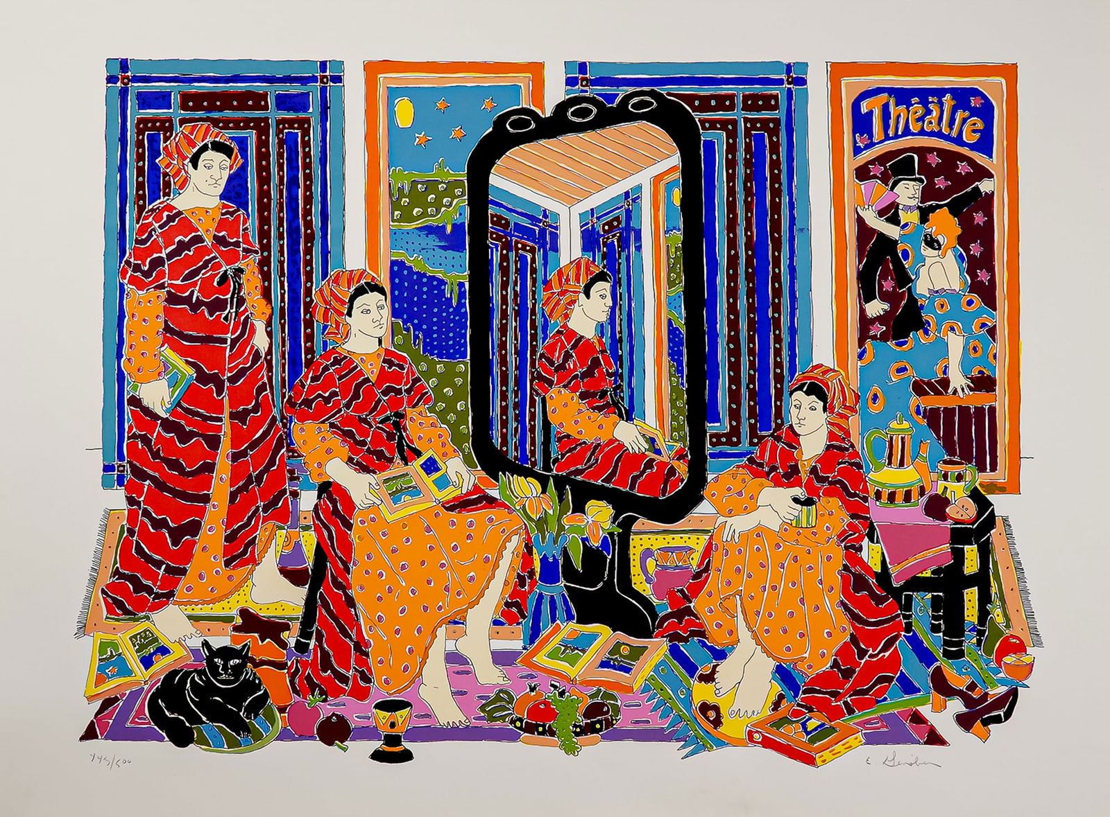 Estelle Ginsburg, Serigraph on Paper, Theater II, Signed & Numbered: Vibrant and full of life, this limited edition serigraph by Estelle Ginsburg titled Theater II captures the theatricality of everyday moments with bold colors and playful compositions. The artwork