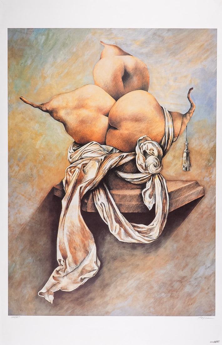 Ari Harpaz, Limited Edition Lithograph on Paper, Pears, Signed & Numbered: Israeli artist Ari Harpaz presents this striking limited edition lithograph on paper titled Pears. Known for his surreal and hyperrealist approach, Harpaz transforms simple subjects into monumental