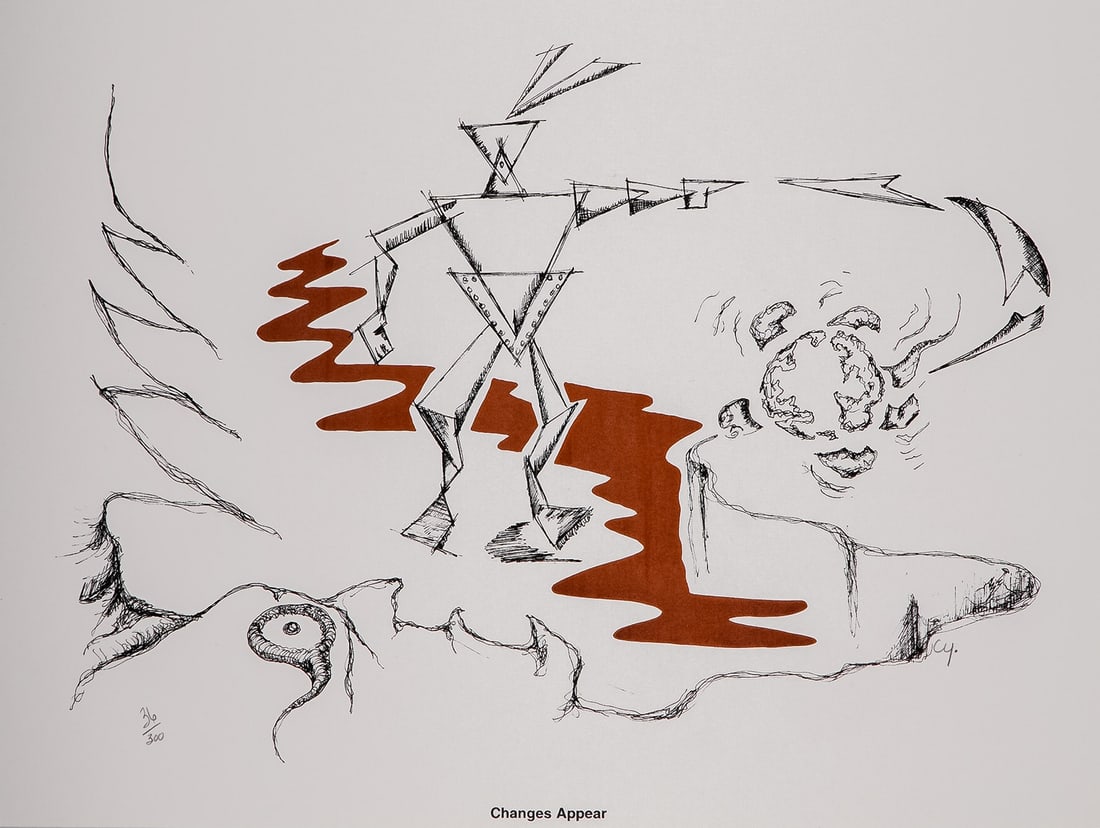 Michael Cywink, Changes Appear, Lithograph on Paper, Signed and Numbered: This striking lithograph on paper by Indigenous Canadian artist Michael Cywink showcases his distinctive style, blending abstract line work, symbolic imagery, and a narrative of transformation.