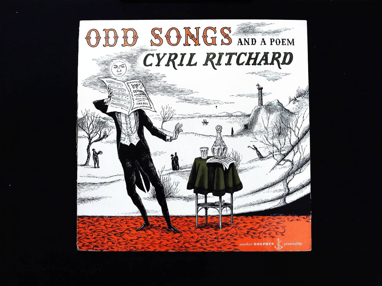 Cyril Ritchard Odd Songs and a Poem 10-Inch LP with Edward Gorey Cover Art: This set consists of a vinyl long-playing record (LP) and its original illustrated cardboard jacket. The recording, titled "ODD SONGS AND A POEM," features performances by Cyril Ritchard, accompanied