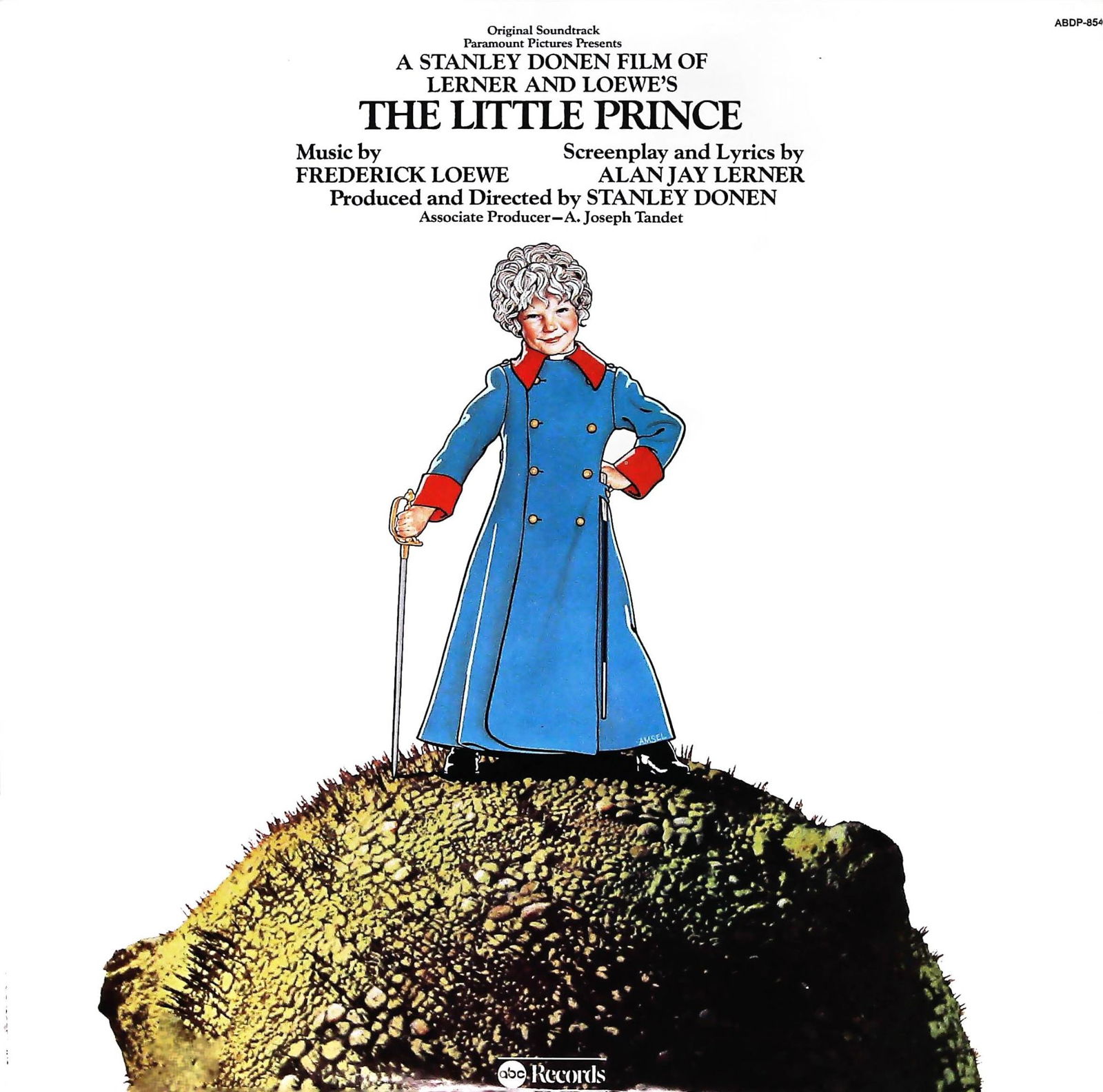The Little Prince Original Soundtrack 1974 LP Vinyl Record: An original soundtrack of the 1974 film 'The Little Prince.' This vintage vinyl record features an illustrated central figure of a young boy in a blue coat with red trim, holding a sword, standing on