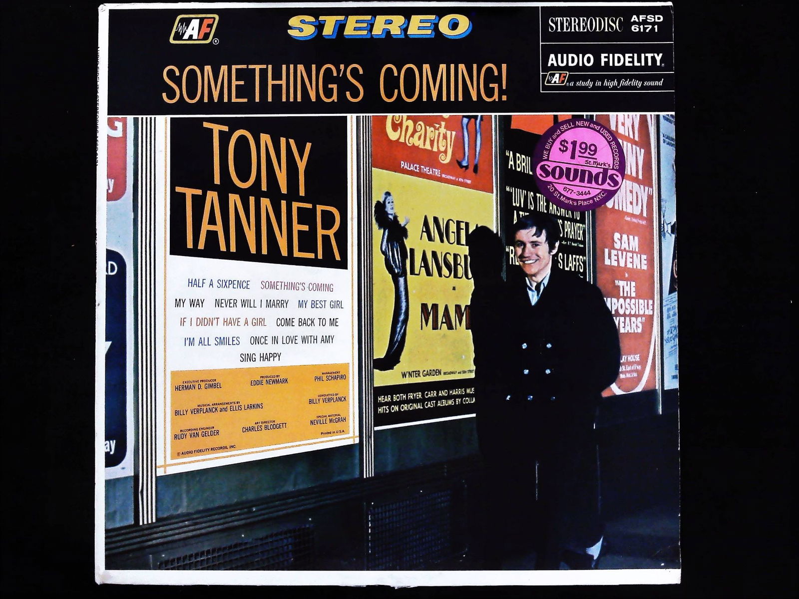 Tony Tanner Something's Coming! Vintage Audio Fidelity Record LP: This is a single vintage 12-inch vinyl LP record, "Something's Coming!" by Tony Tanner, released by Audio Fidelity (AFSD 6171). The black vinyl disc spins at 33 1/3 RPM. The album jacket features larg