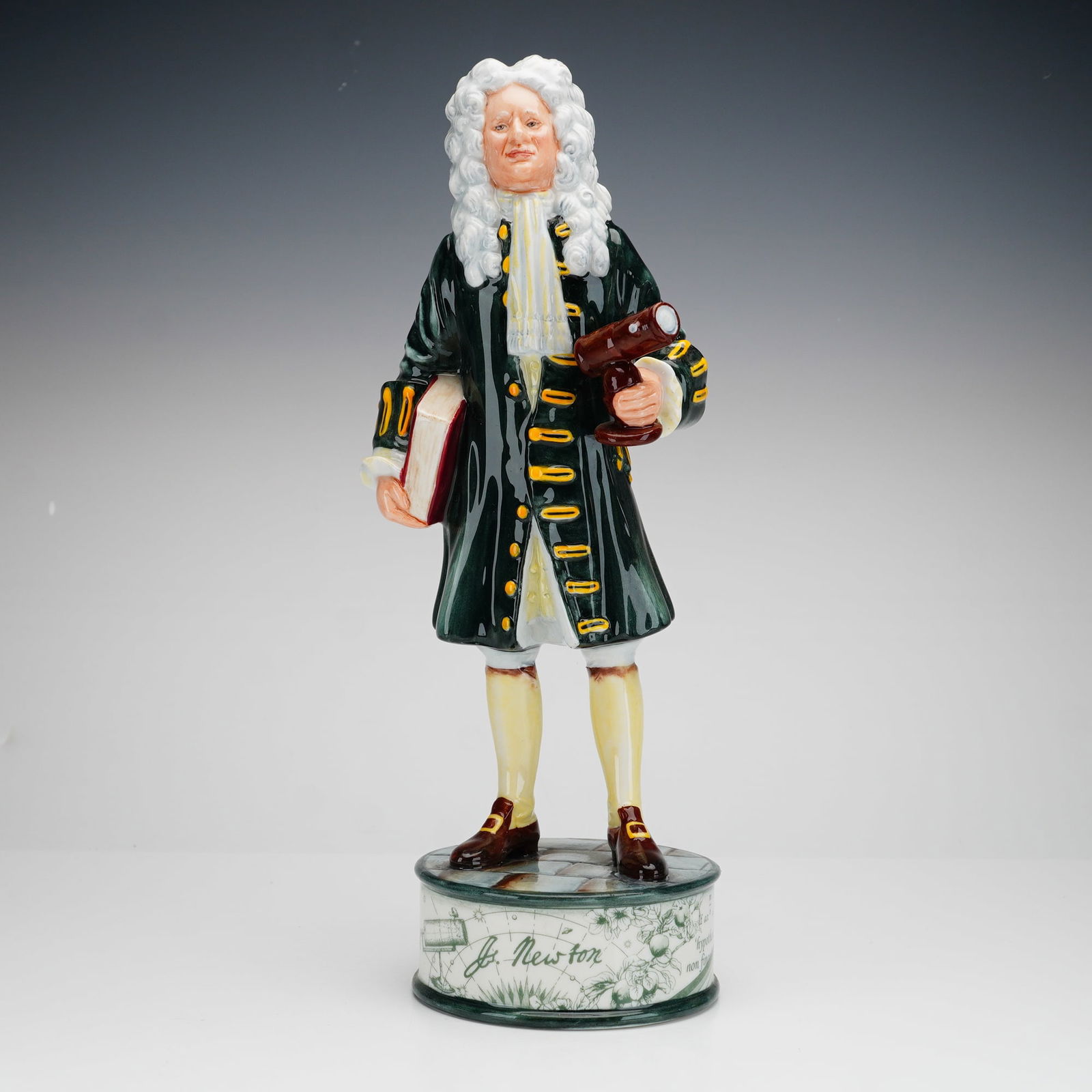 Royal Doulton Figurine, Sir Isaac Newton HN5051: A Royal Doulton Prestige Pioneers Collection porcelain figurine. The piece is hand-made and hand-decorated, depicting the subject in 18th-century dress consisting of a long green coat with yellow acce