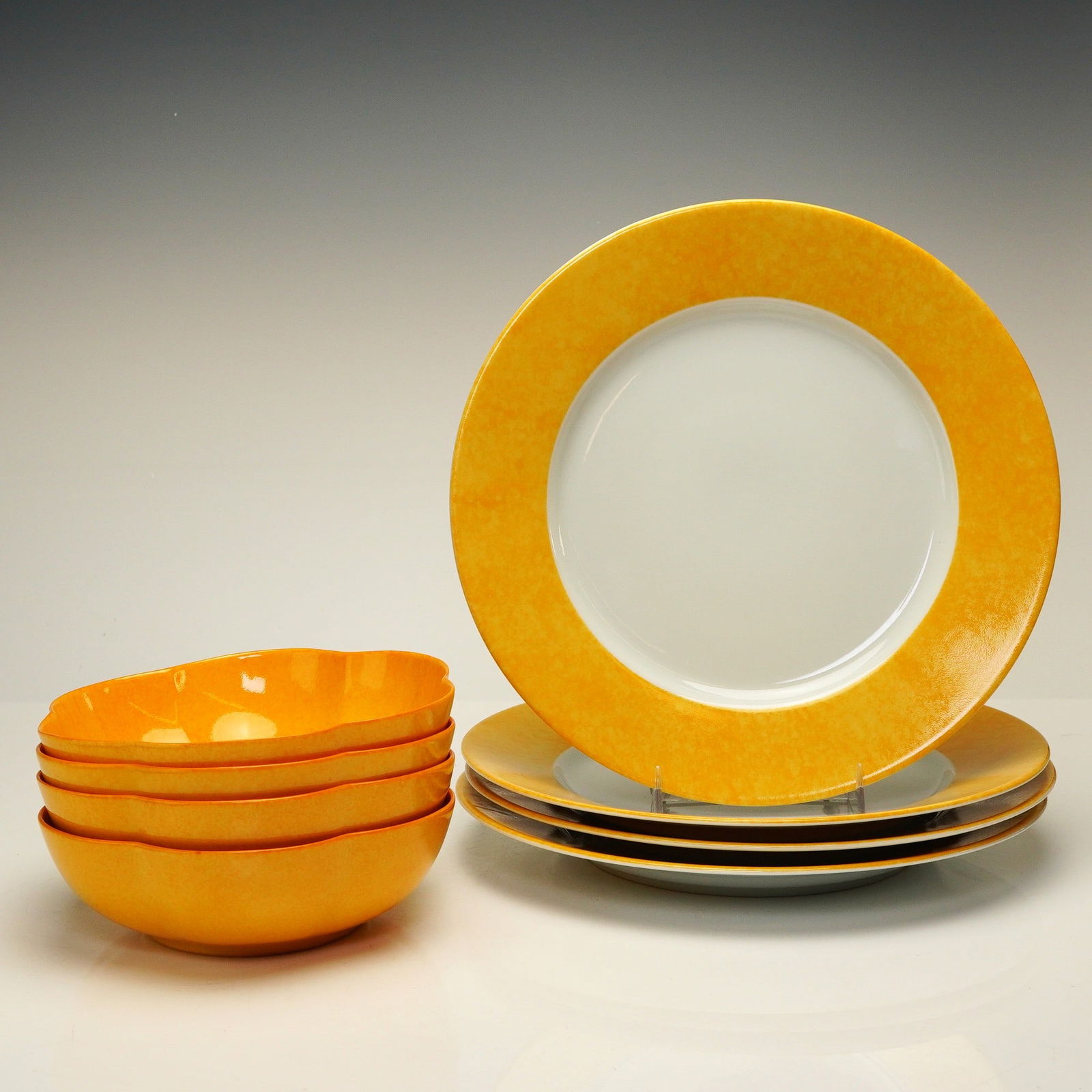 8pc Laure Japy Limoges France Porcelain Plate and Bowl Set, Mouchete: A set of eight French Limoges porcelain dinnerware pieces in the Mouchete pattern, designed by Laure Japy, Paris, for Barneys New York. The collection consists of four 10" dinner plates and four 6.5"