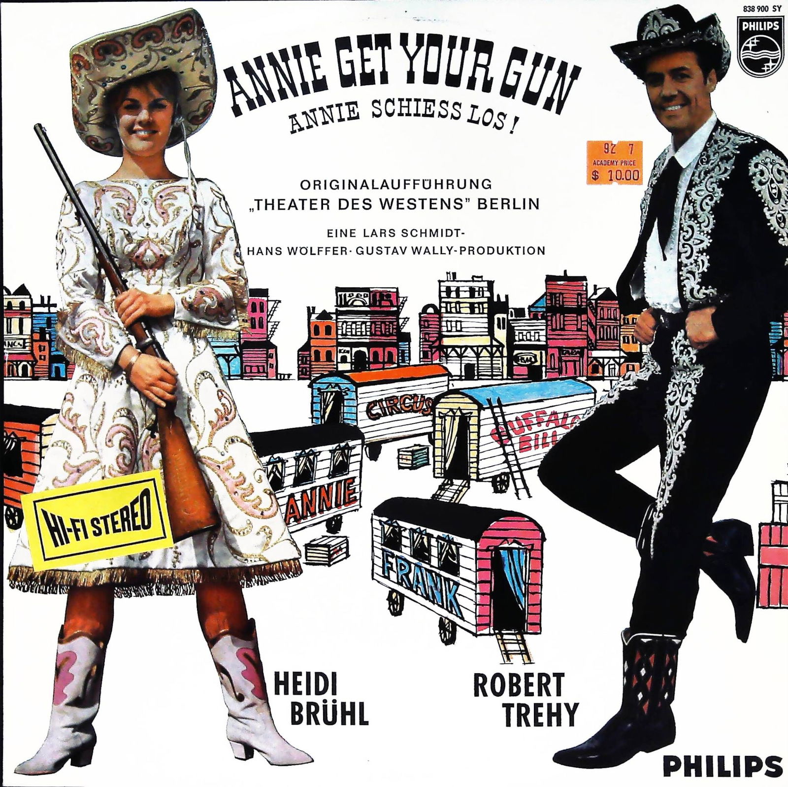 Annie Get Your Gun Original German Production Philips LP Record Album: A vintage Philips Hi-Fi Stereo vinyl record album featuring the German original cast recording of the musical Annie Get Your Gun, titled Annie Schiess Los! (Annie Shoot Loose!). The album stars Heidi