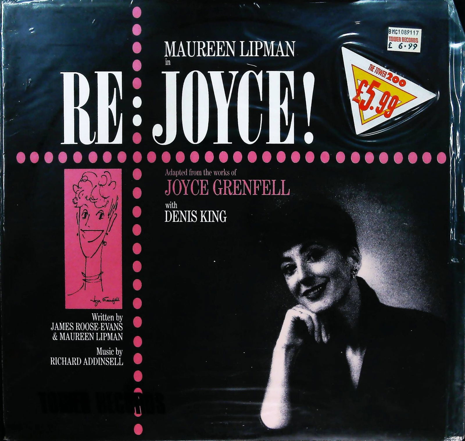 Legacy & Tower Records Maureen Lipman Re: Joyce! Vinyl LP: The album features Maureen Lipman performing works adapted from Joyce Grenfell, with Denis King and music by Richard Addinsell. The front cover presents a stylized pink and black design with a cartoon