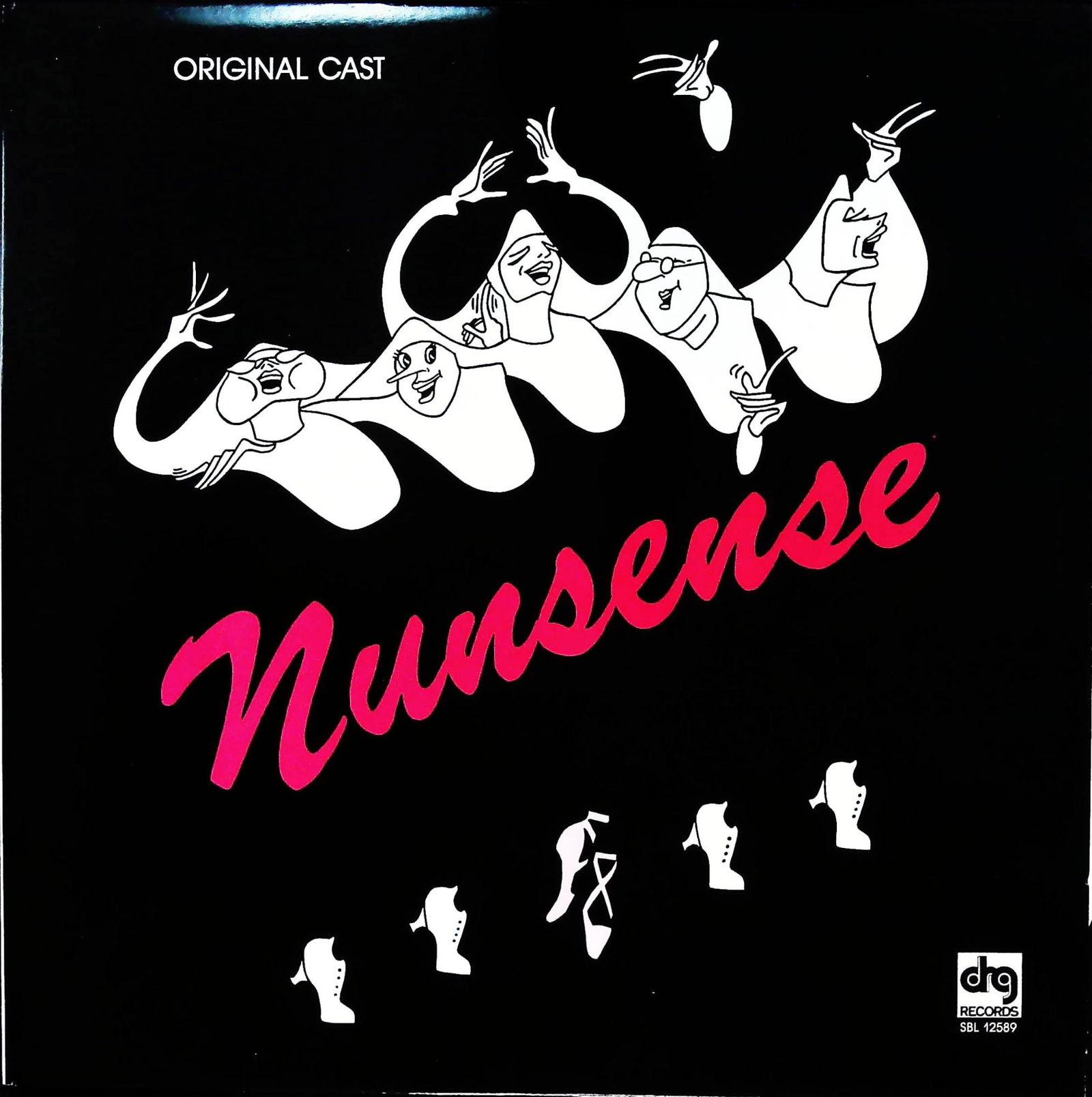 Nunsense Original Cast DRG Records LP Album: A 12-inch vinyl record album for the Nunsense Original Cast Recording. The cardboard sleeve features a black background on the front cover, with the title Nunsense in a prominent pink script font. Sty