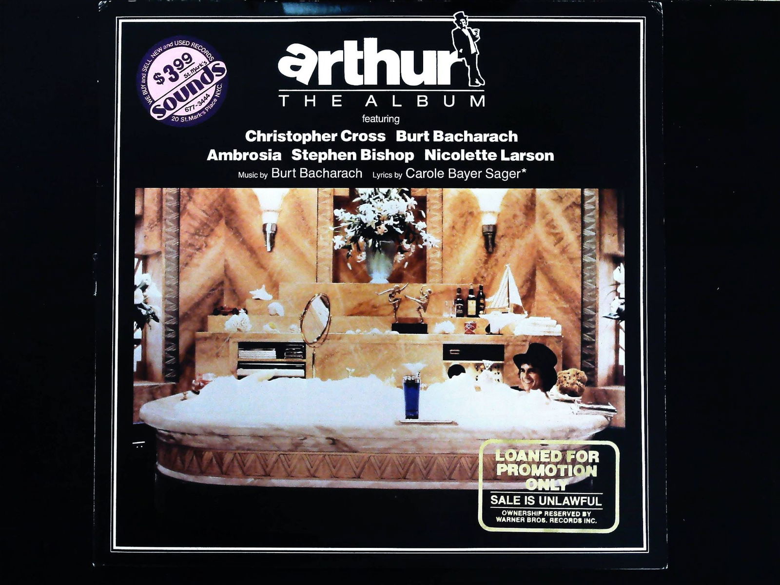 Promotional Copy of Arthur The Album Original Soundtrack Vinyl LP: Original motion picture soundtrack album, Arthur The Album, released in 1981 by Warner Bros. Records (BSA 3582). This lot consists of the vinyl LP record and its original cardboard jacket. The album f