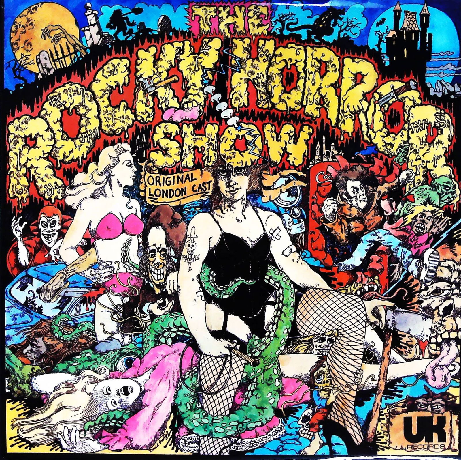 The Rocky Horror Show Original London Cast UK LP Record Album: An album for 'The Rocky Horror Show Original London Cast'. This 12-inch vinyl LP album sleeve comprises both front and back covers. The front cover features a highly stylized, multi-color illustration