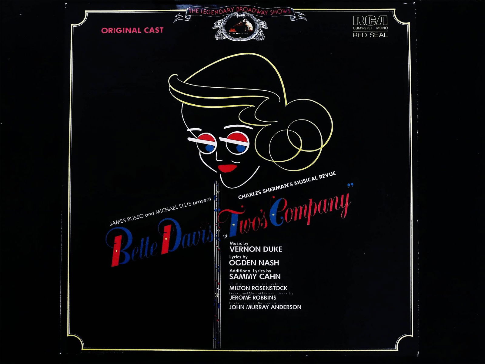 Twos Company Original Broadway Cast LP: A vintage long-playing (LP) record album featuring the Original Cast recording of the 1952 musical revue Twos Company, starring Bette Davis. The album is titled Bette Davis With The Original Broadway