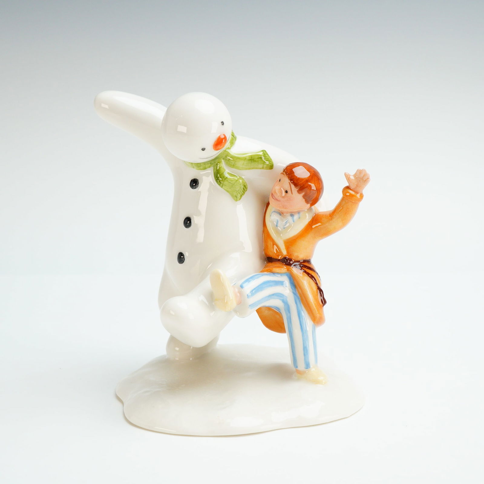 Royal Doulton Storybook Figurine, The Snowman & James Dancing in the Snow: This glazed ceramic work is a limited-edition piece, numbered 233 of 2,500. Modeled by Shane Ridge and manufactured in England in 1998, the figurine is based on the characters created by Raymond Brigg