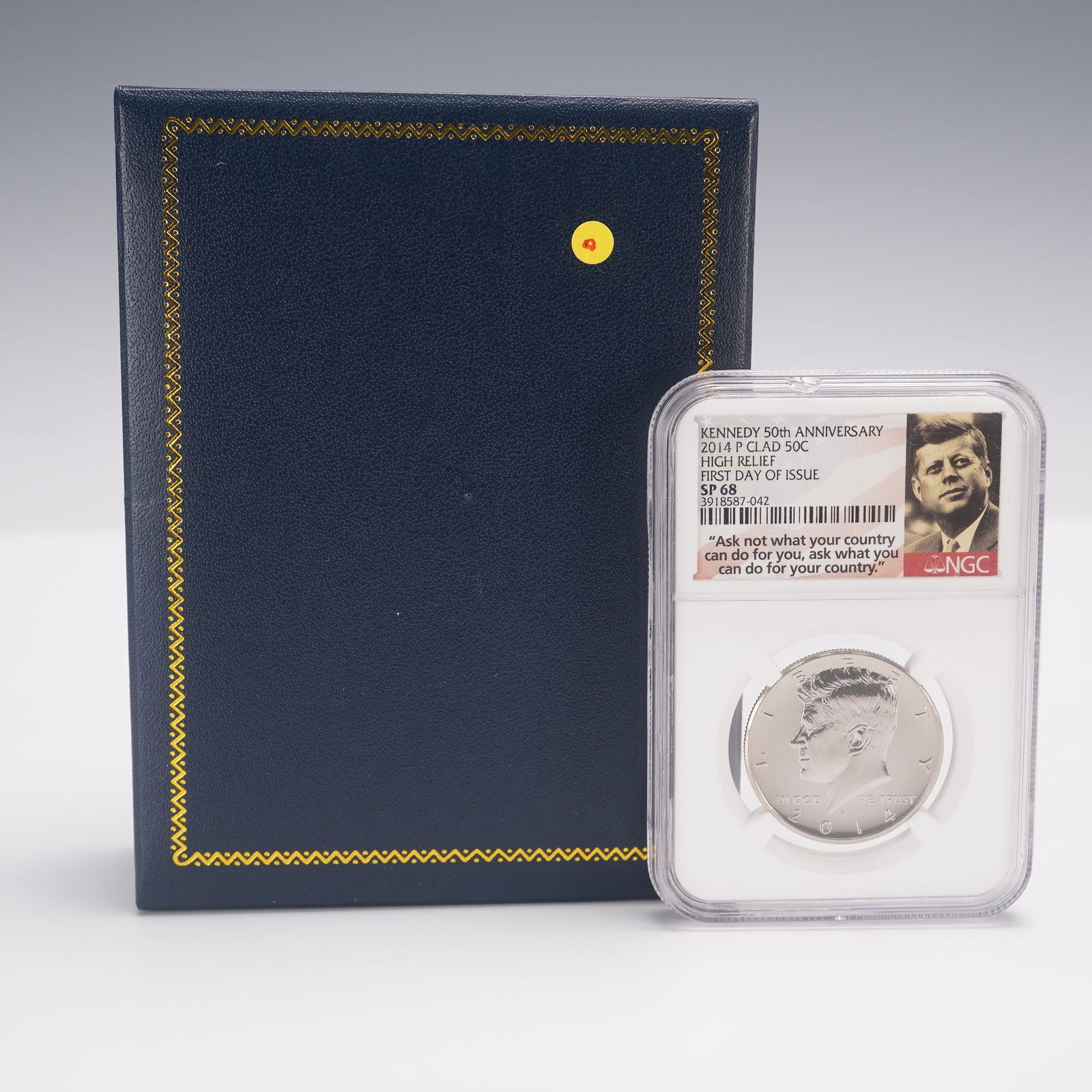 2014-P Kennedy 50th Anniversary Half Dollar NGC Graded SP68 FDOI: Featured is a 2014-P Kennedy 50th Anniversary high relief half dollar, struck at the Philadelphia Mint. The obverse presents Gilroy Roberts portrait of President John F. Kennedy with the inscriptions