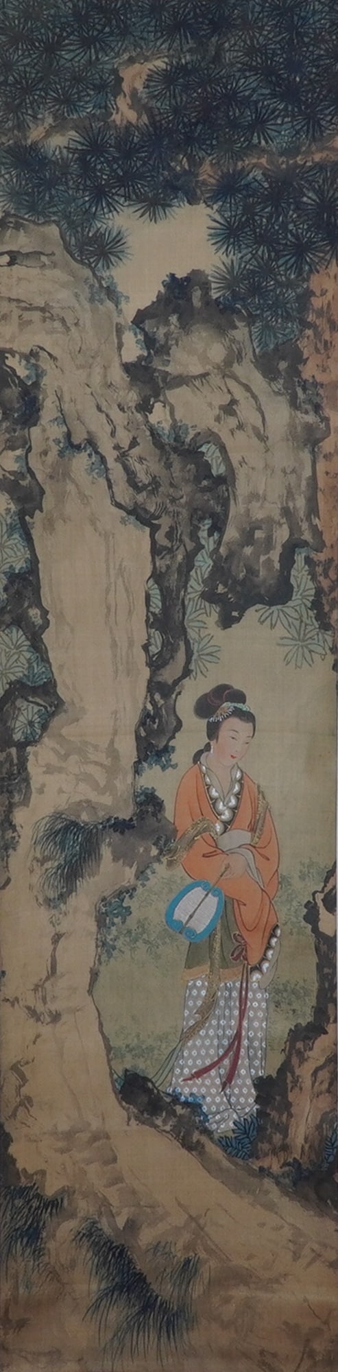 Chinese Ink and Watercolor on Paper Hanging Scroll, Courtly Scene: A serene and elegant Chinese hanging scroll painting depicting a refined lady standing beneath a grand pine tree, executed in delicate ink and watercolor on paper with a silk-like texture. The artist