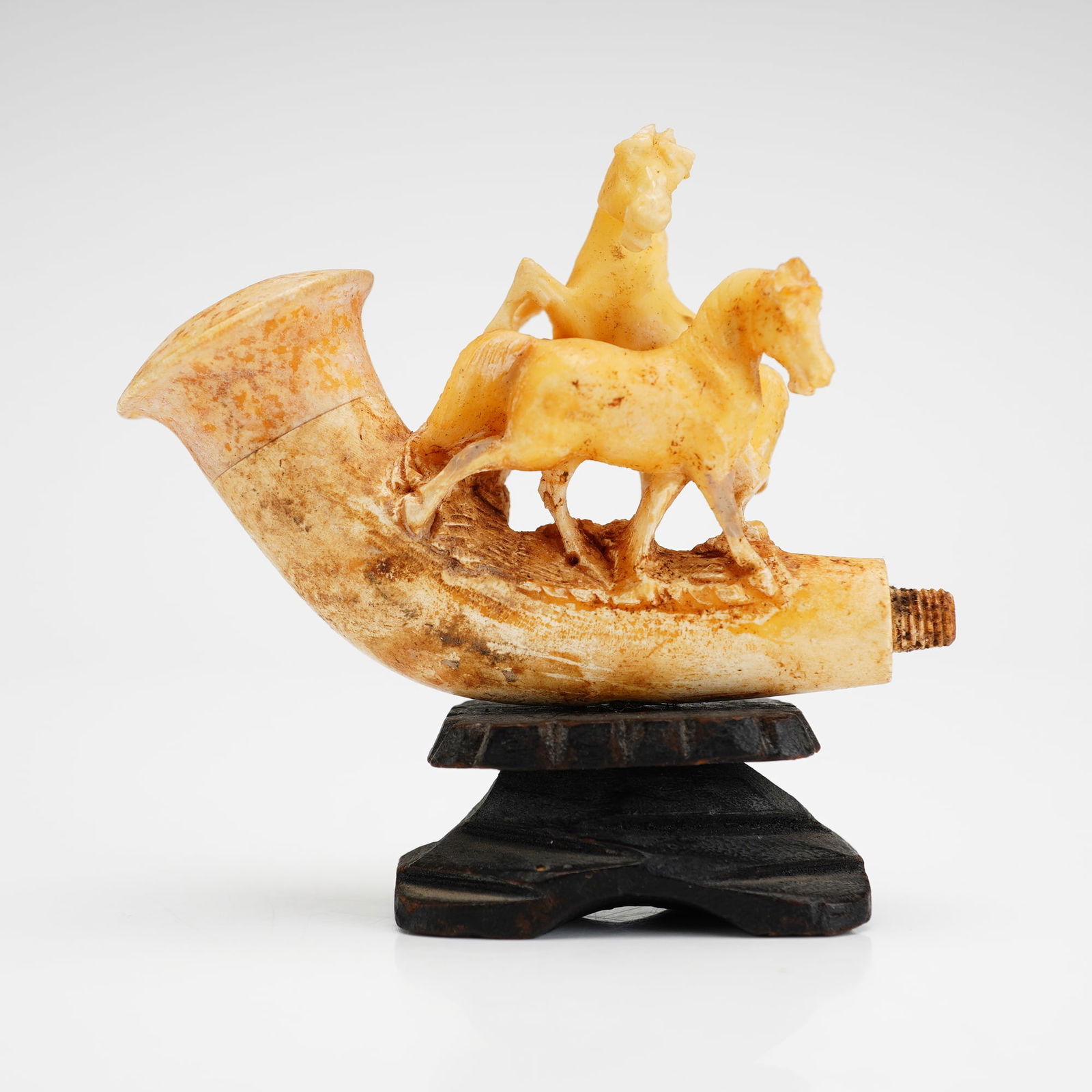 Carved Meerschaum Horse Motif Pipe Bowl Mounted on a Wooded Base (1 of 4)